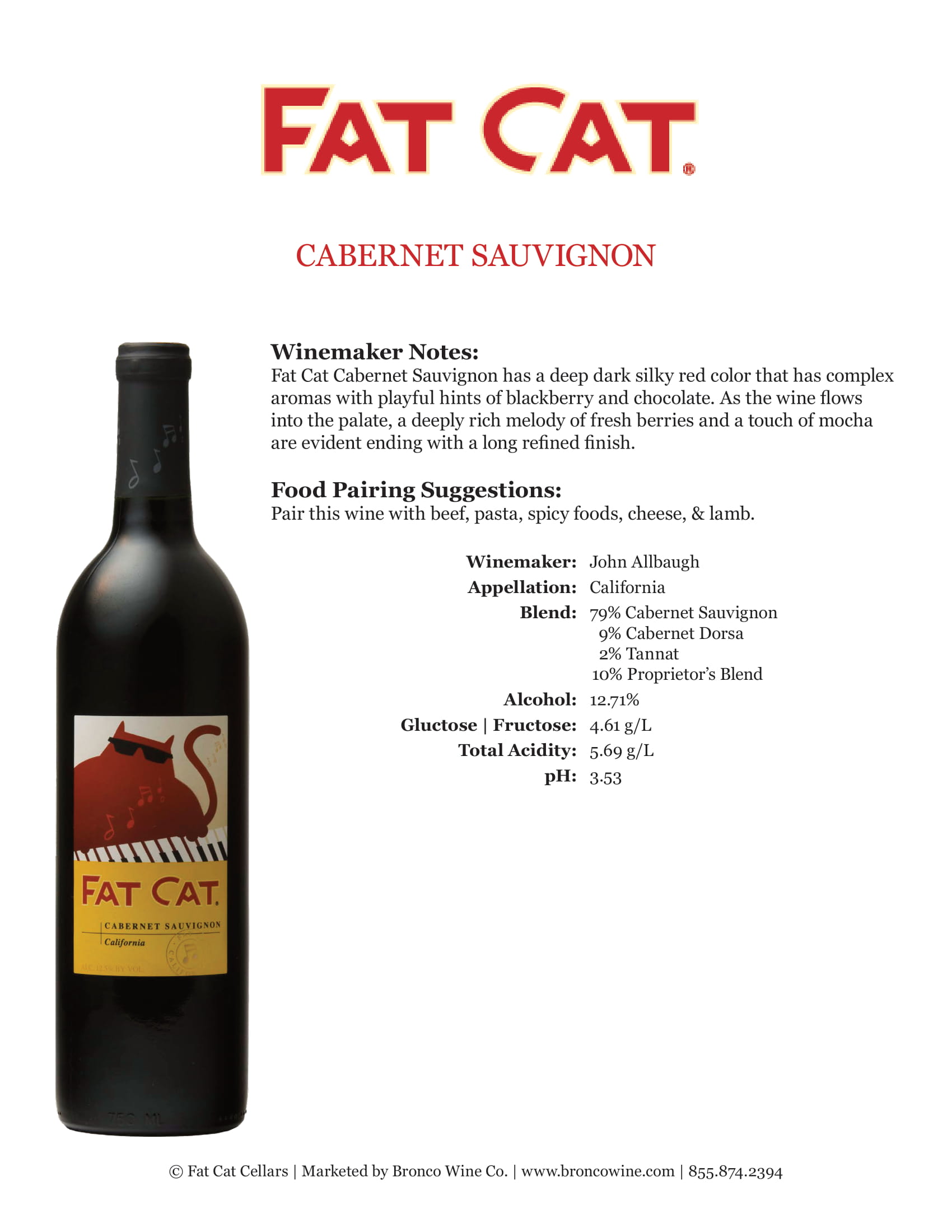 Fat Cat wine brand Cabernet Sauvignon tech sheet sample