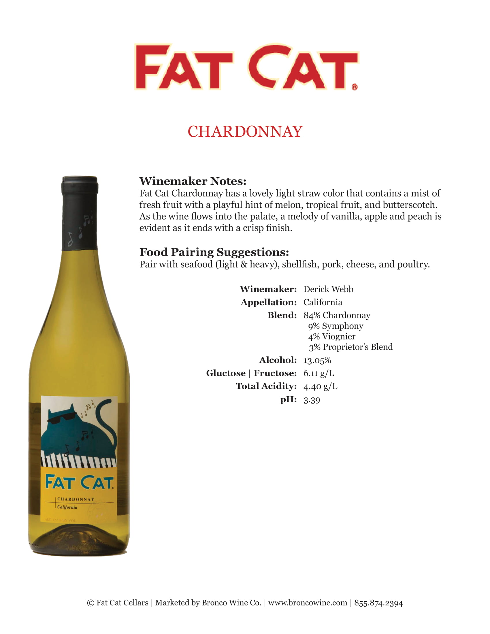 Fat Cat wine brand Chardonnay tech sheet sample