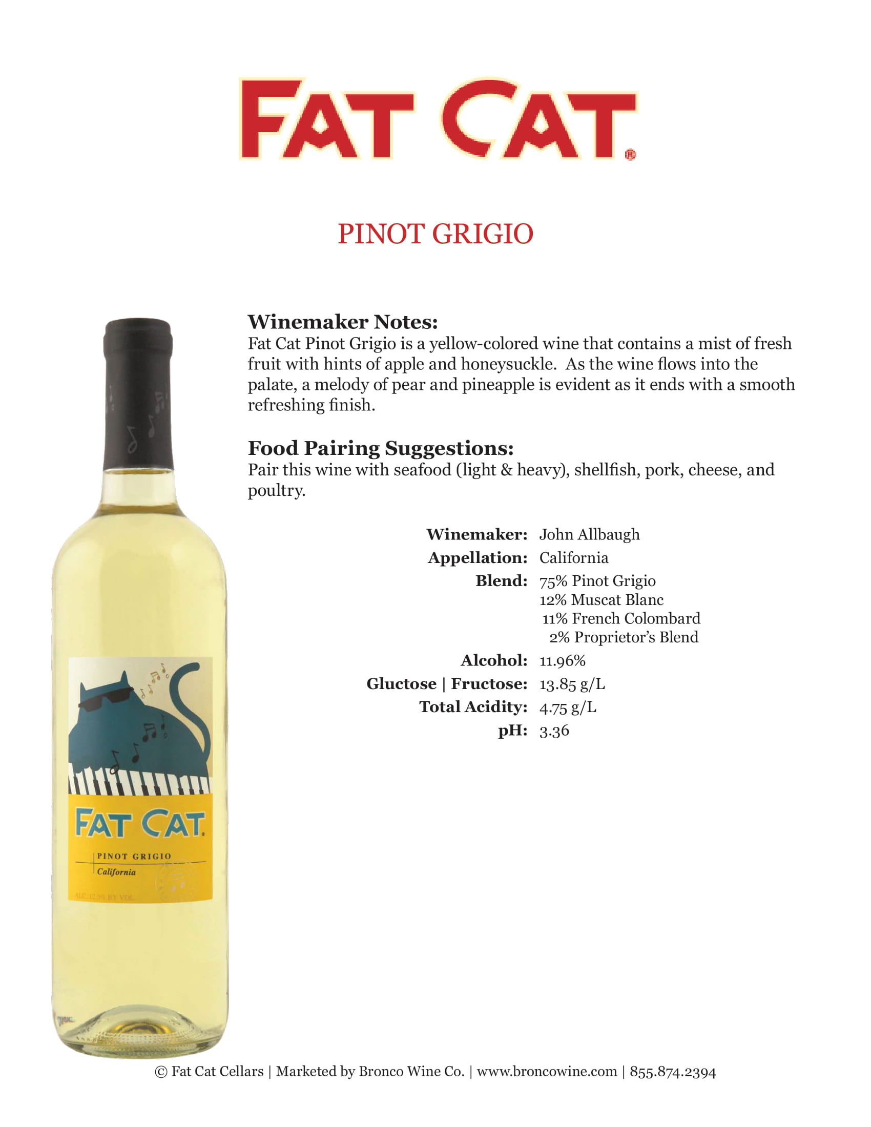 Fat Cat wine brand Pinot Grigio tech sheet sample