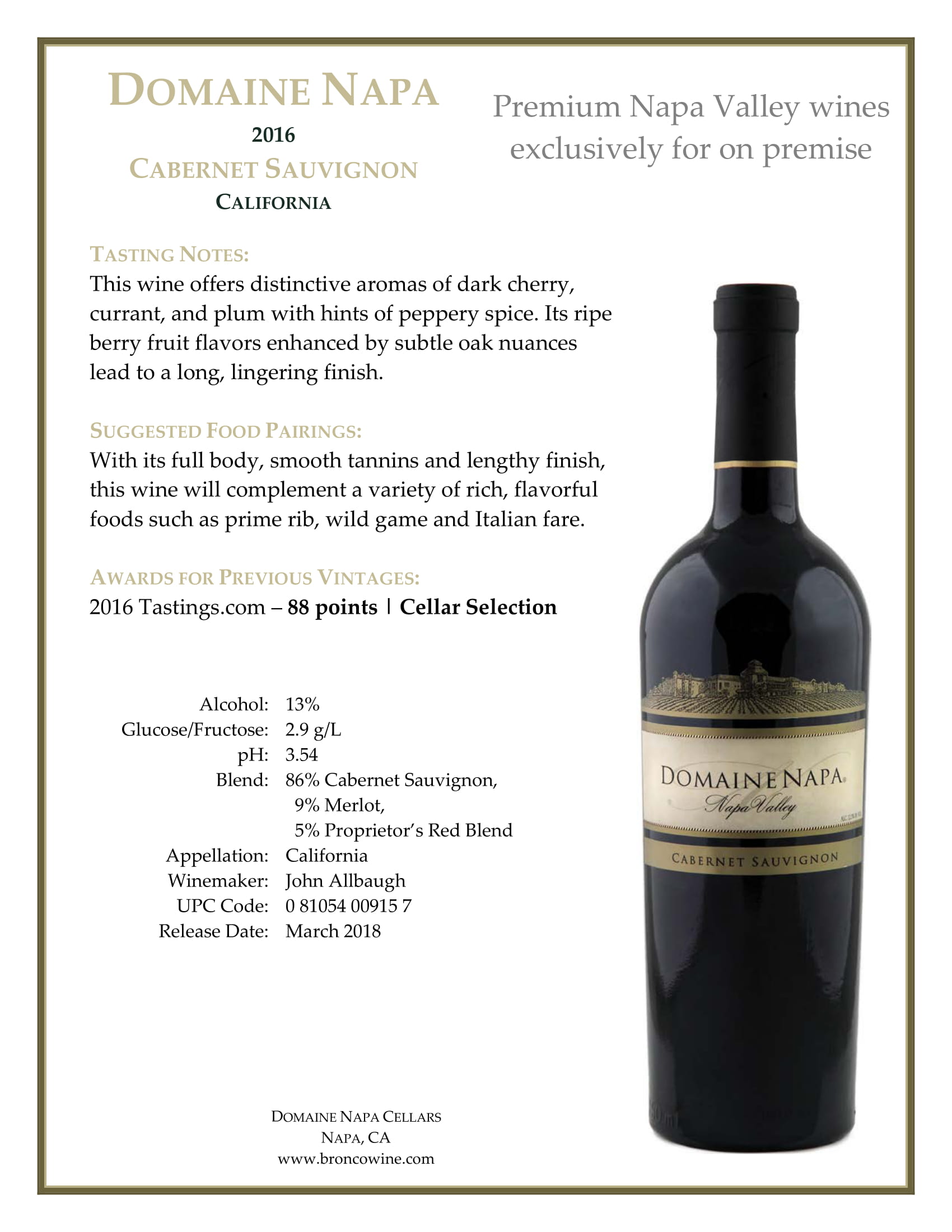 Domaine Napa Cabernet Sauvignon tech sheet sample