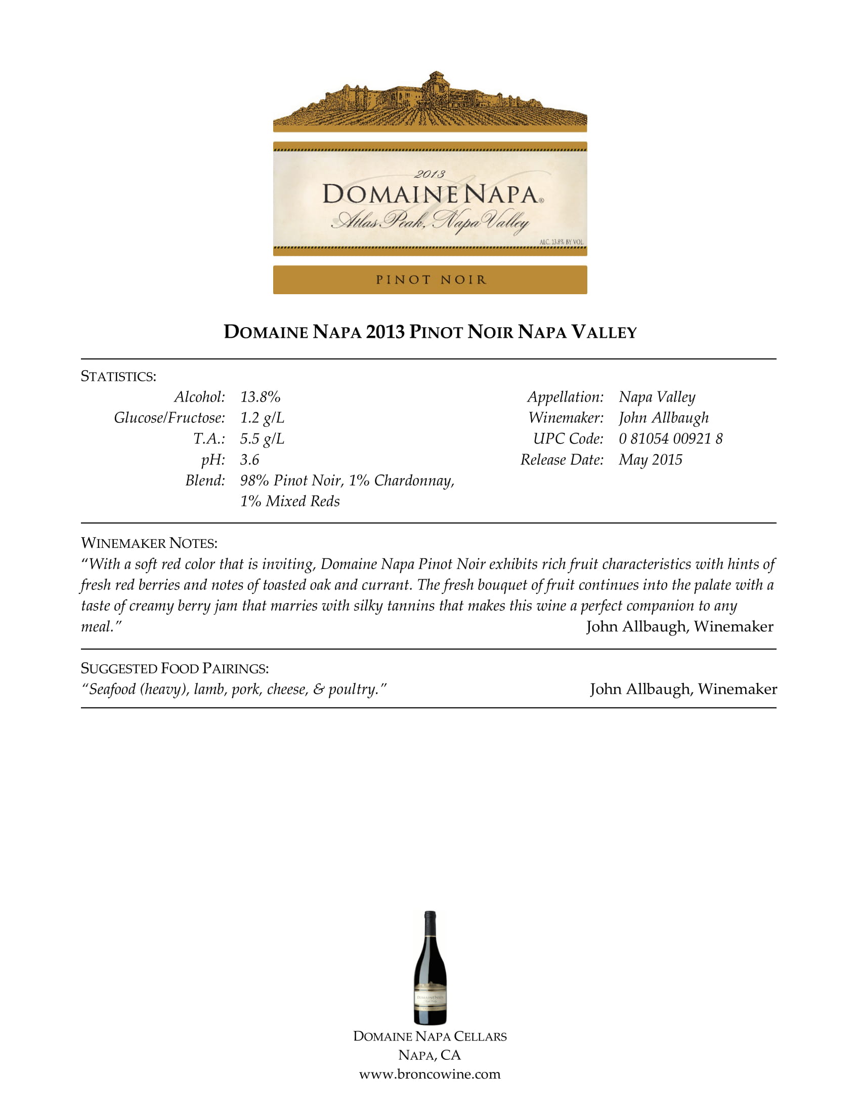 Domaine Napa Pinot Noir tech sheet sample