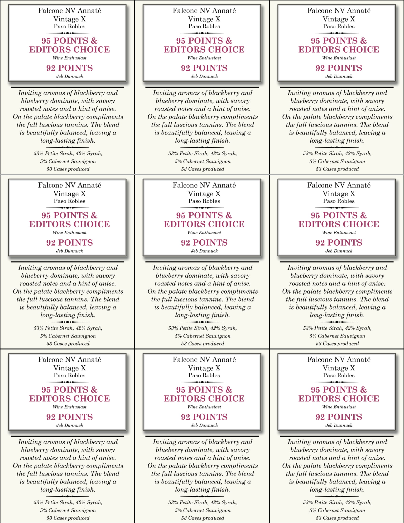 Falcone Family Vineyards Annaté shelf talker sample