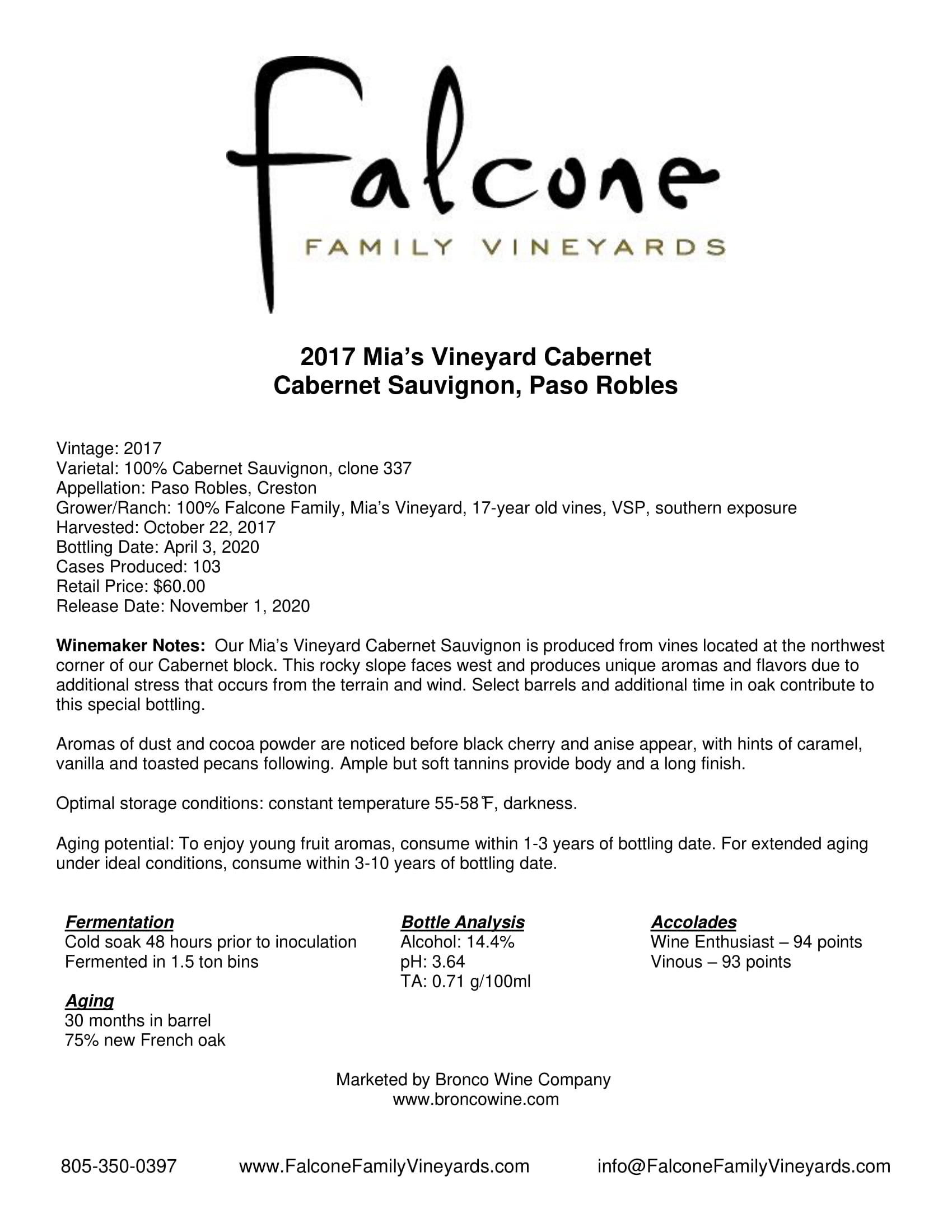 Falcone Family Vineyards Cabernet Sauvignon Mia's Vineyard tech sheet sample