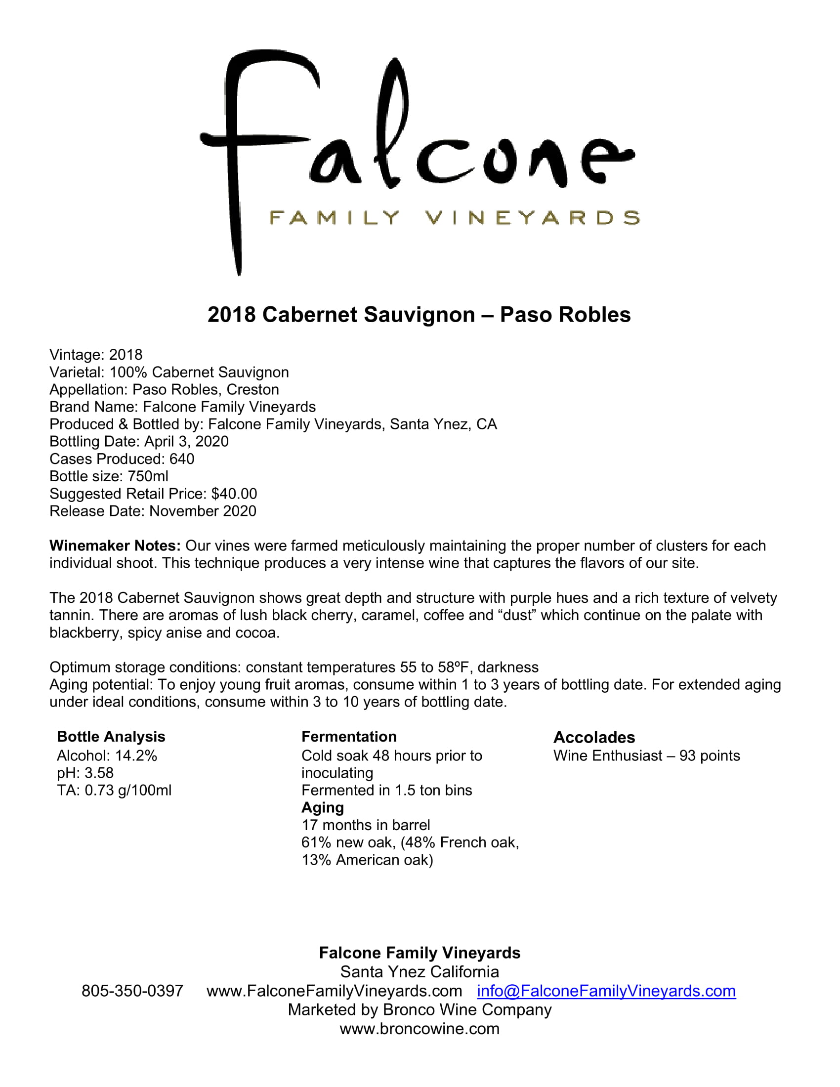 Falcone Family Vineyards Cabernet Sauvignon tech sheet sample