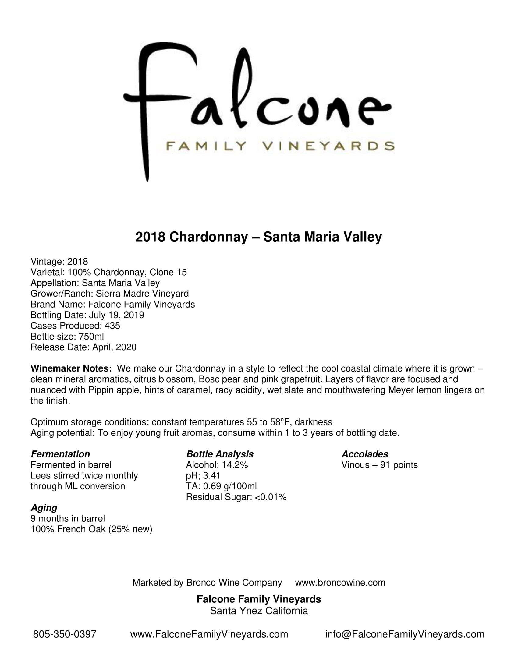 Falcone Family Vineyards Chardonnay tech sheet sample
