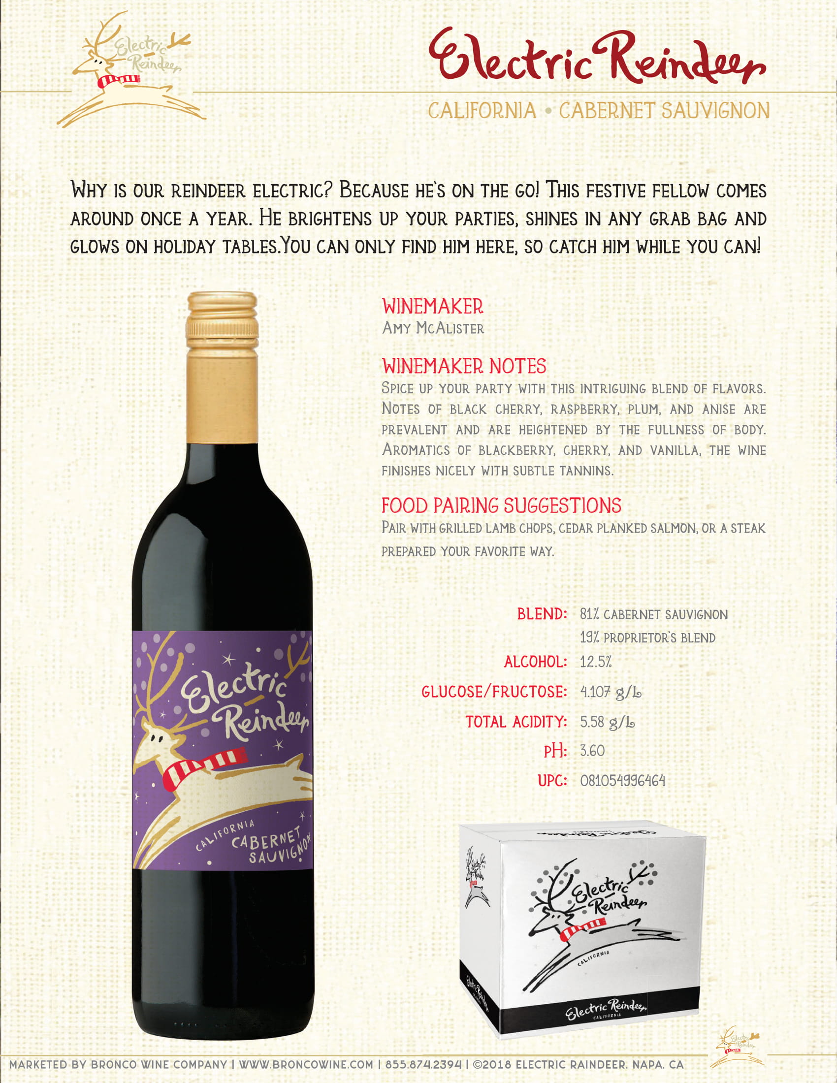 Electric Reindeer wine brand Cabernet Sauvignon tech sheet sample