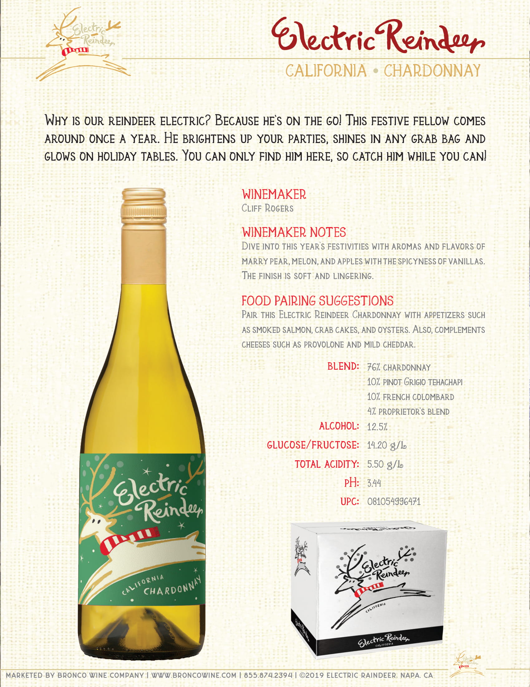Electric Reindeer wine brand Chardonnay tech sheet sample