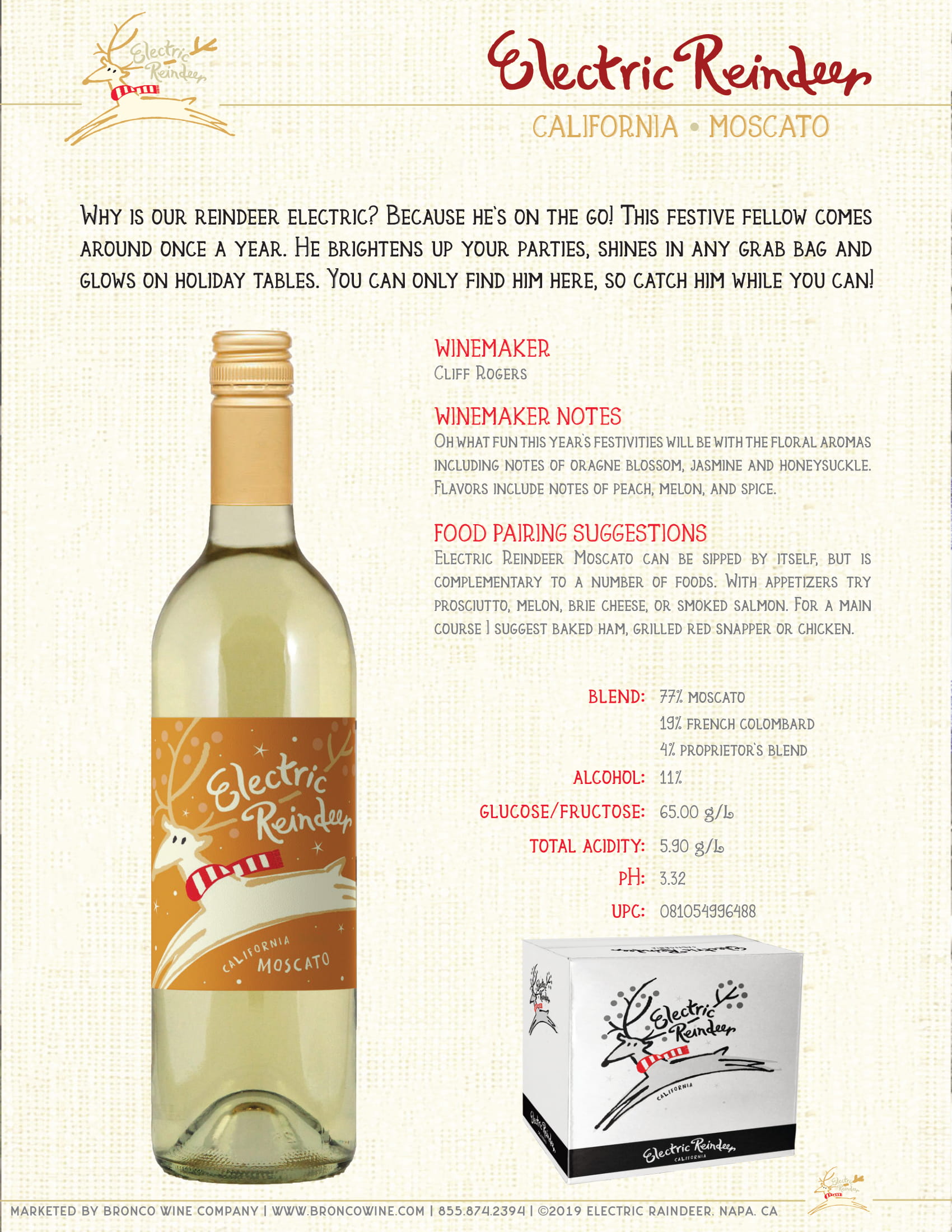 Electric Reindeer wine brand Moscato tech sheet sample