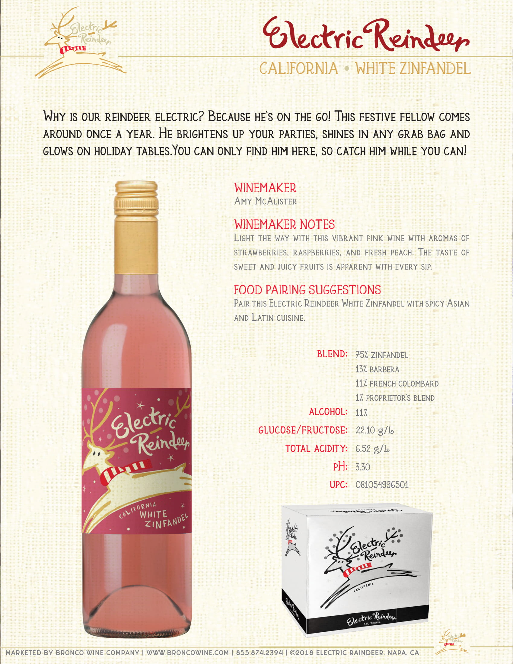 Electric Reindeer wine brand White Zinfandel tech sheet sample