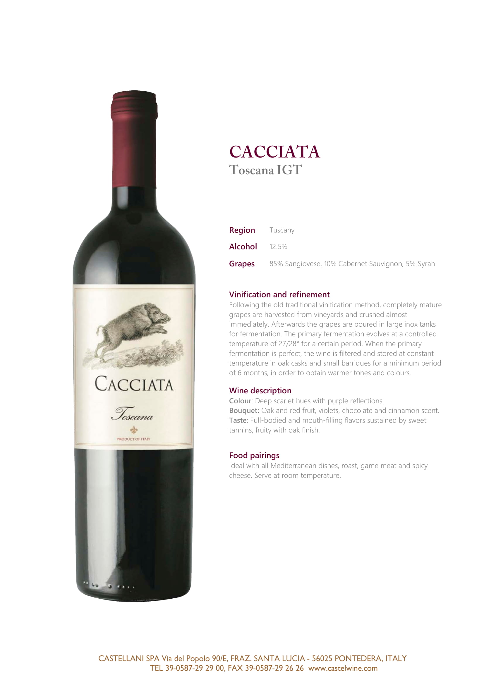 Cacciata wine brand Toscana tech sheet sample