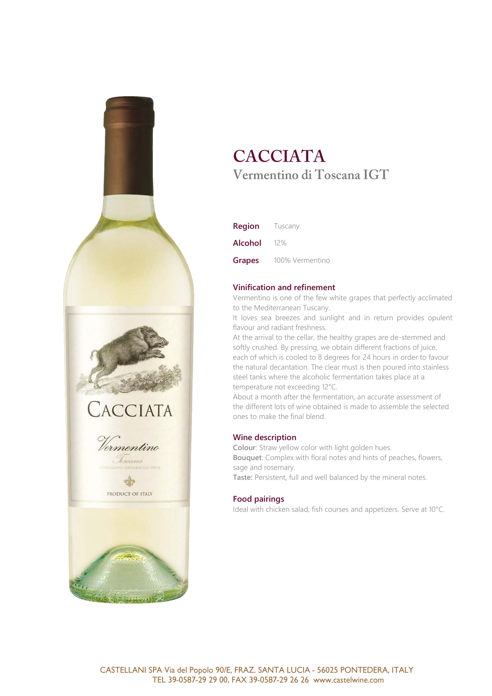 Cacciata wine brand Vermentino tech sheet sample