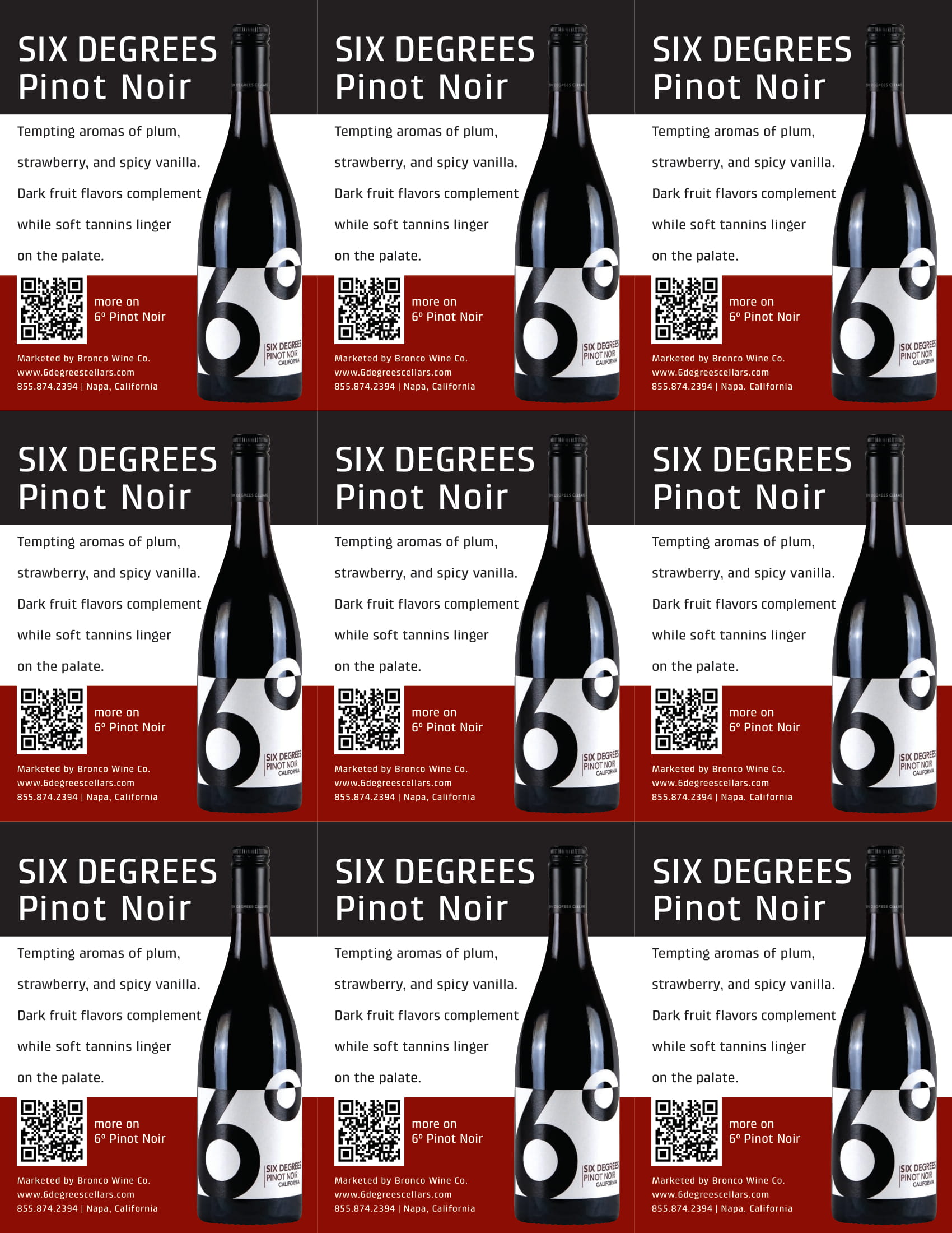 6 Degrees brand Pinot Noir shelf talker sample