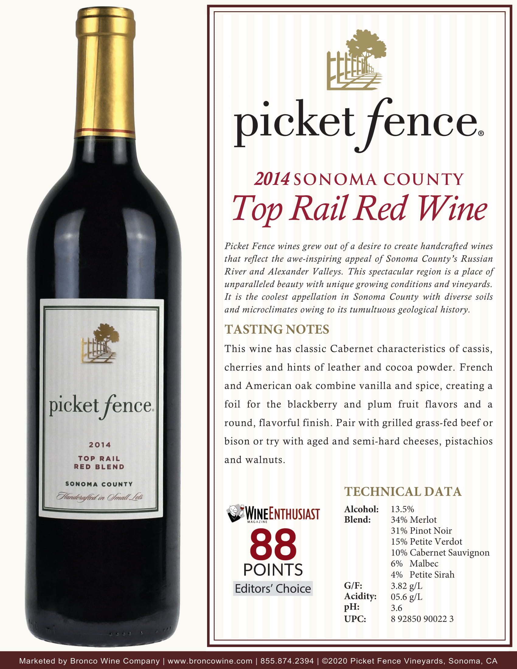 Picket Fence wine brand Top Rail Red wine tech sheet sample