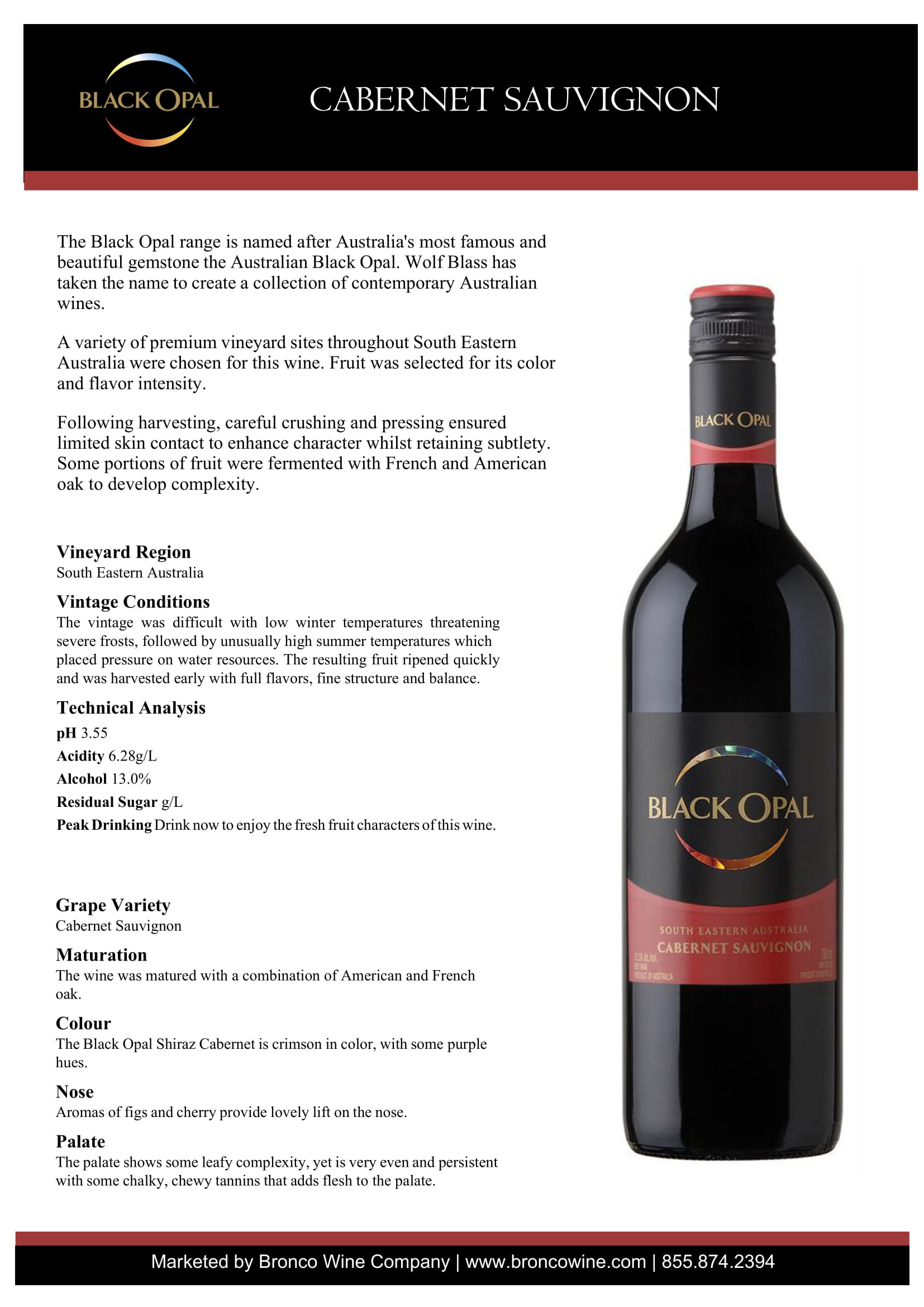 Black Opal wine brand Cabernet Sauvignon tech sheet sample