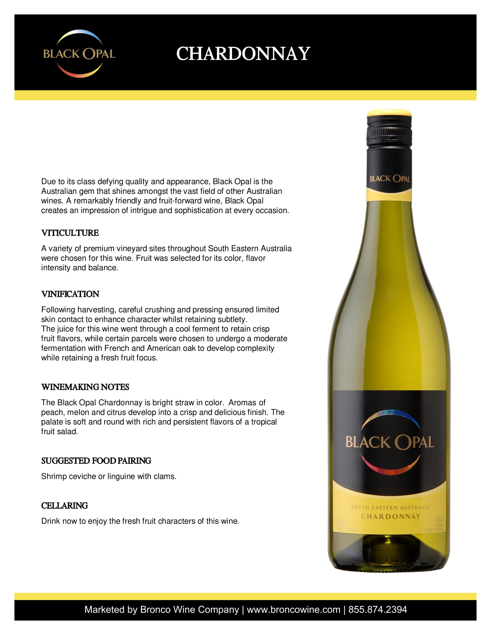 Black Opal wine brand Chardonnay tech sheet sample