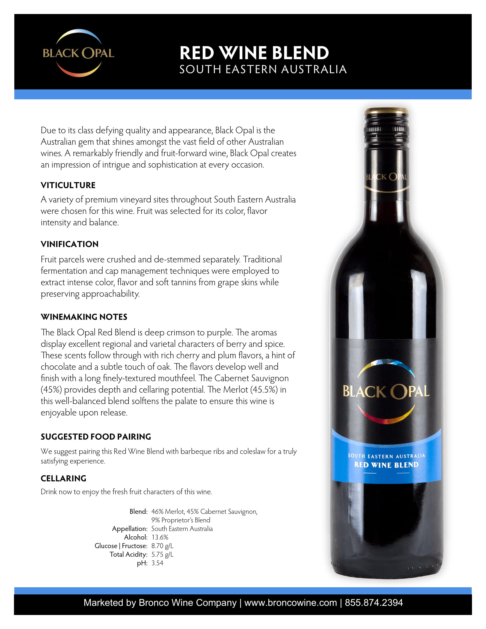 Black Opal wine brand Red Blend tech sheet sample