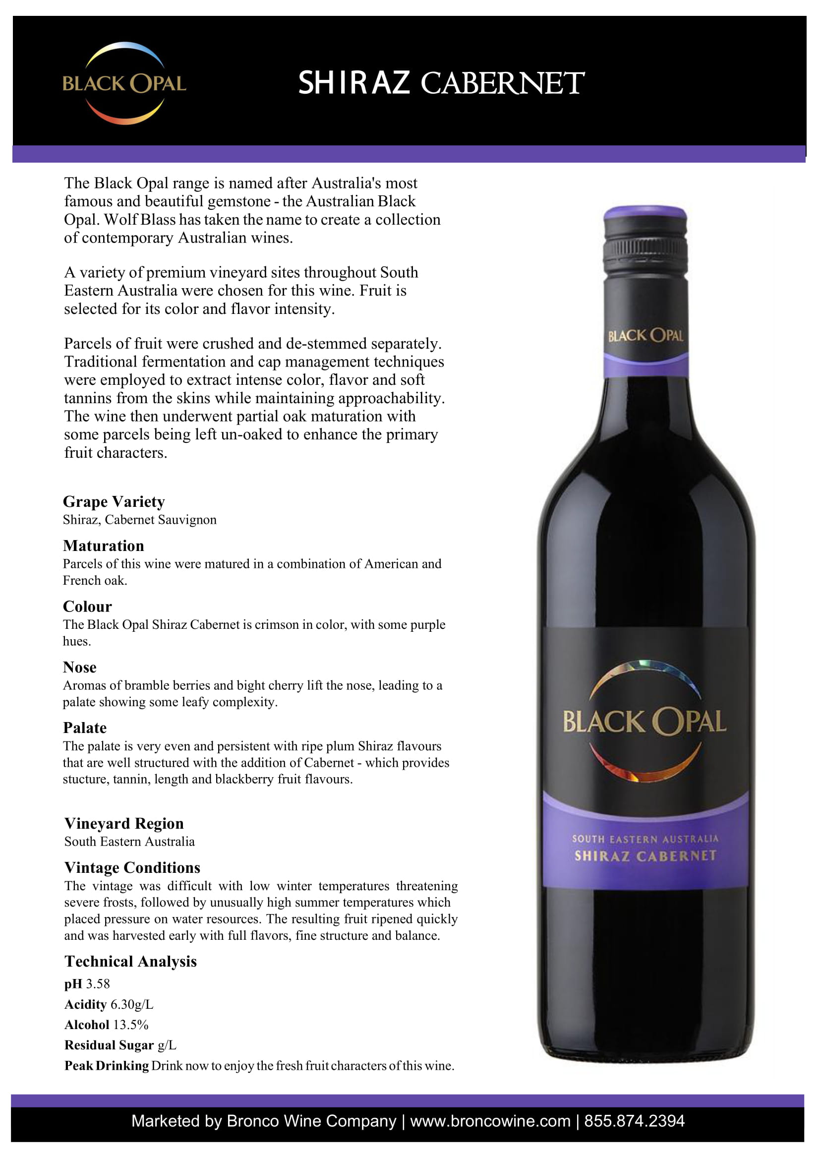 Black Opal wine brand Shiraz Cabernet Blend tech sheet sample