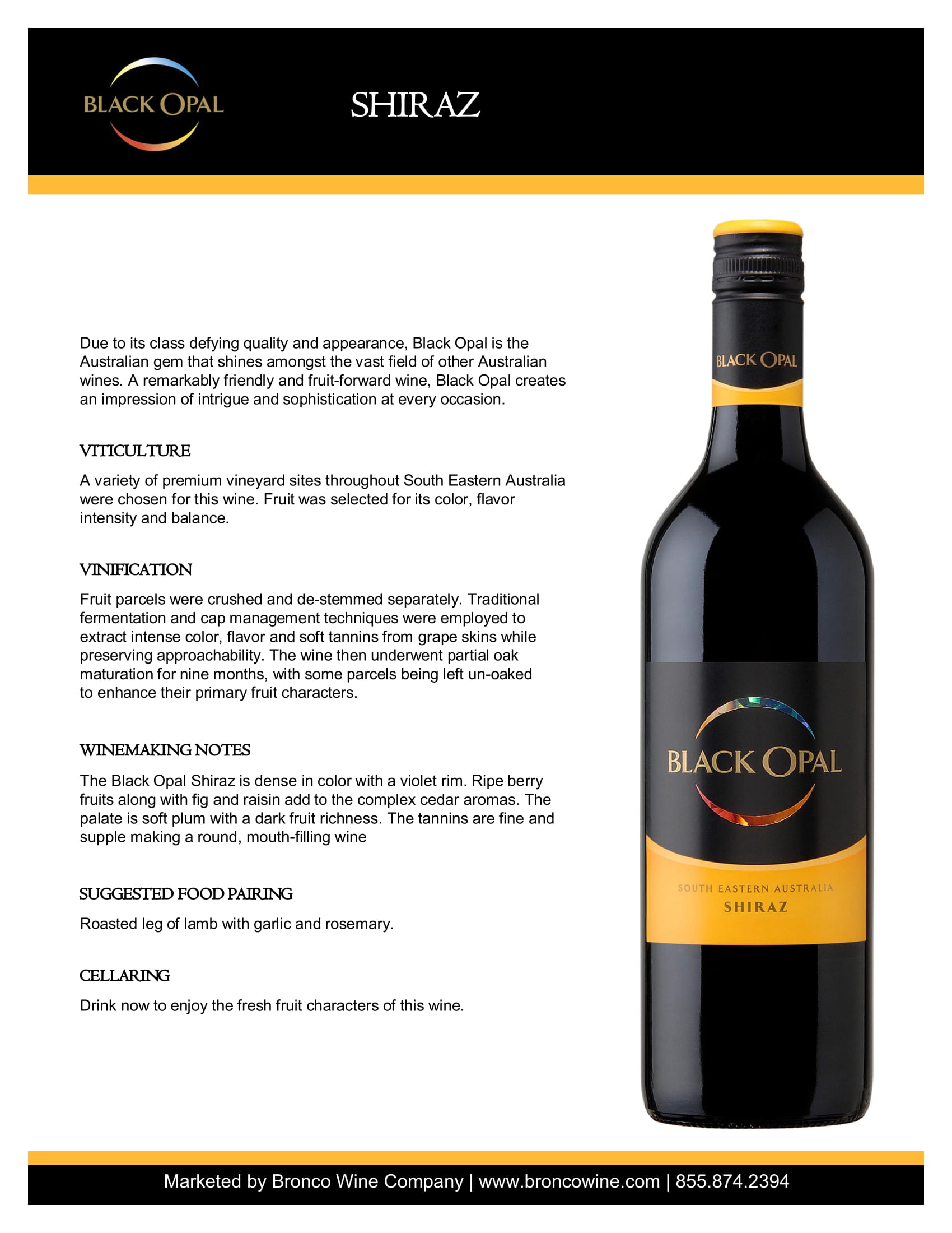 Black Opal wine brand Shiraz tech sheet sample