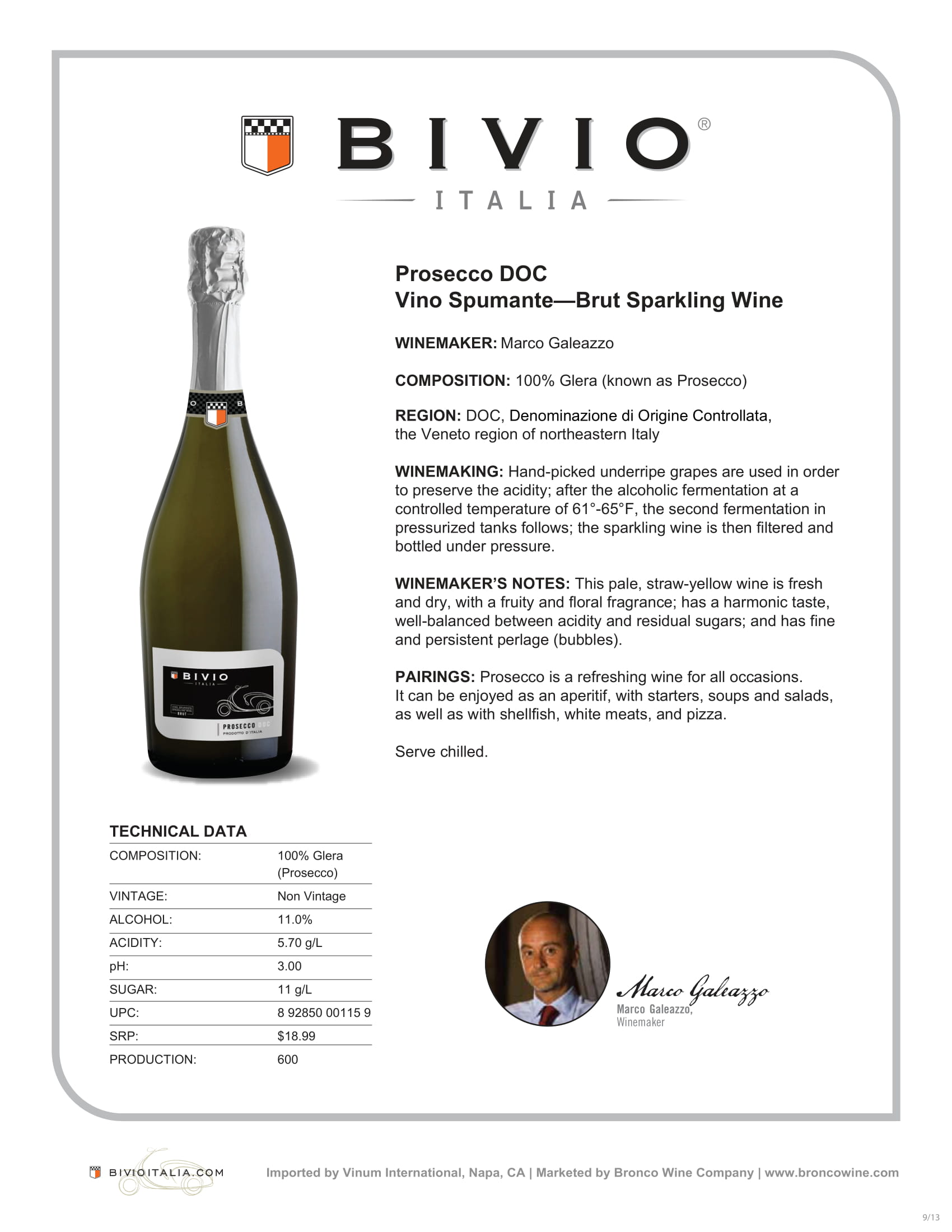 Bivio wine Prosecco tech sheet sample