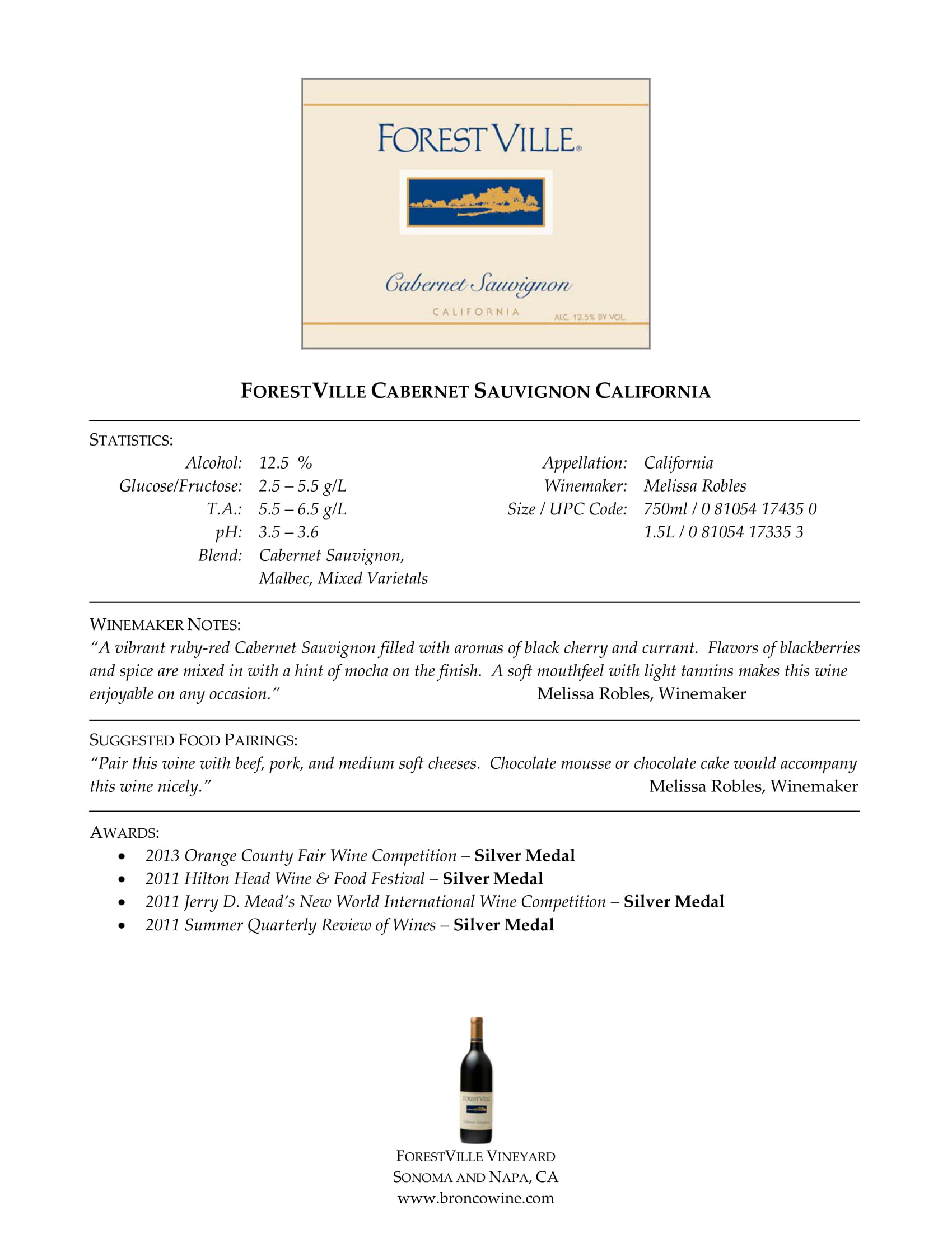 Forest Ville wine brand Cabernet Sauvignon tech sheet sample