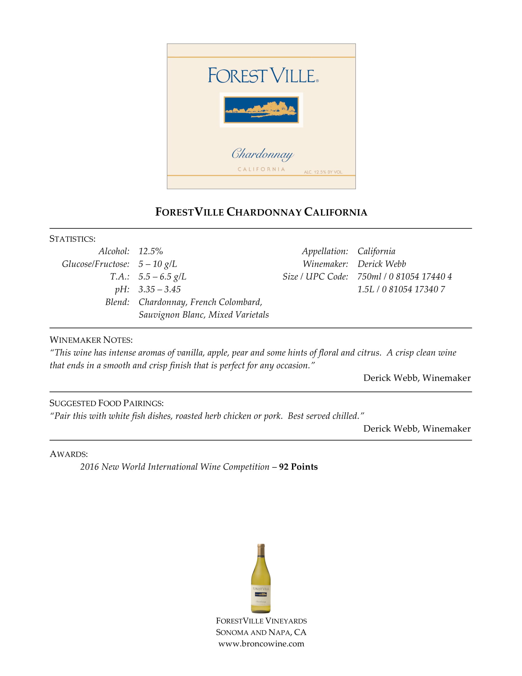 Forest Ville wine brand Chardonnay tech sheet sample