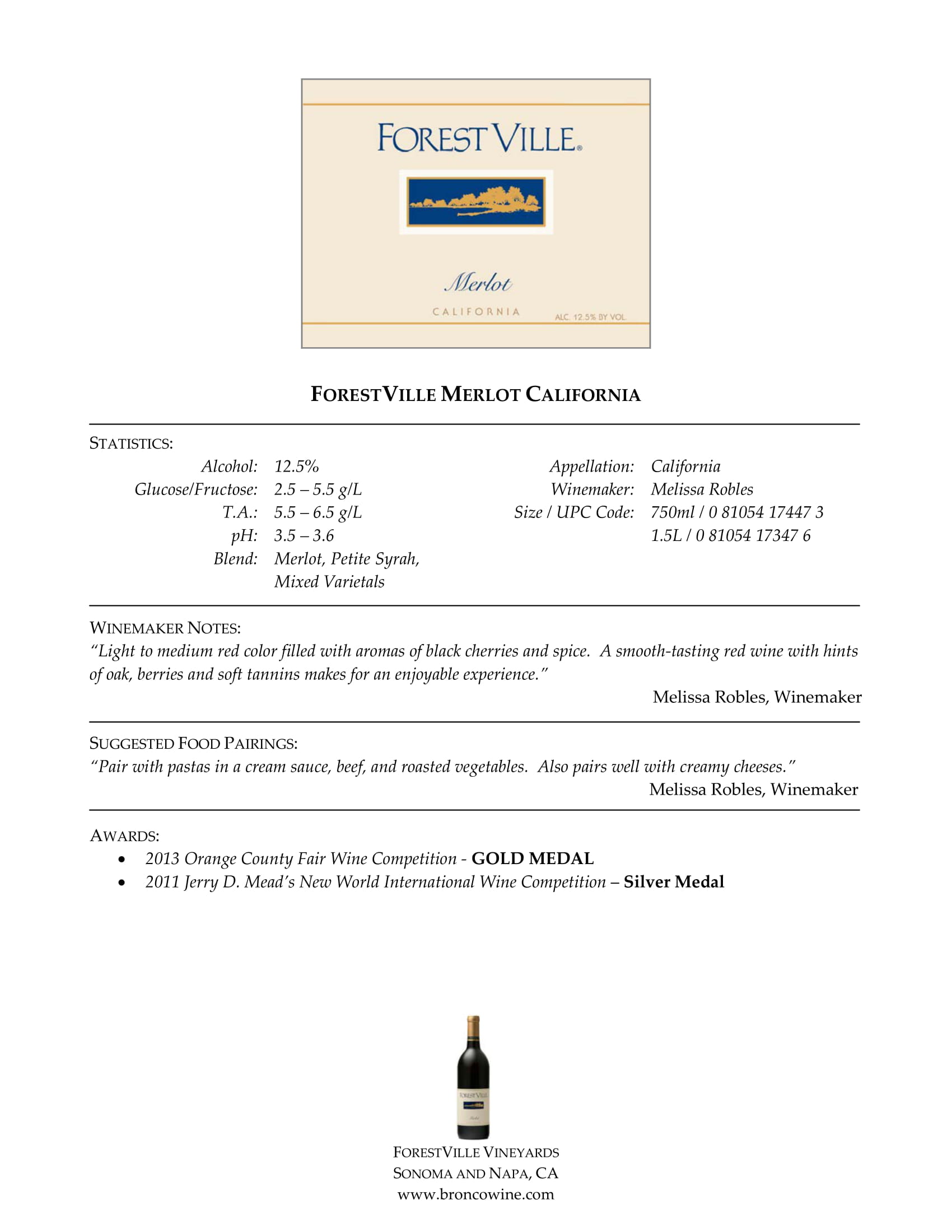 Forest Ville wine brand Merlot tech sheet sample