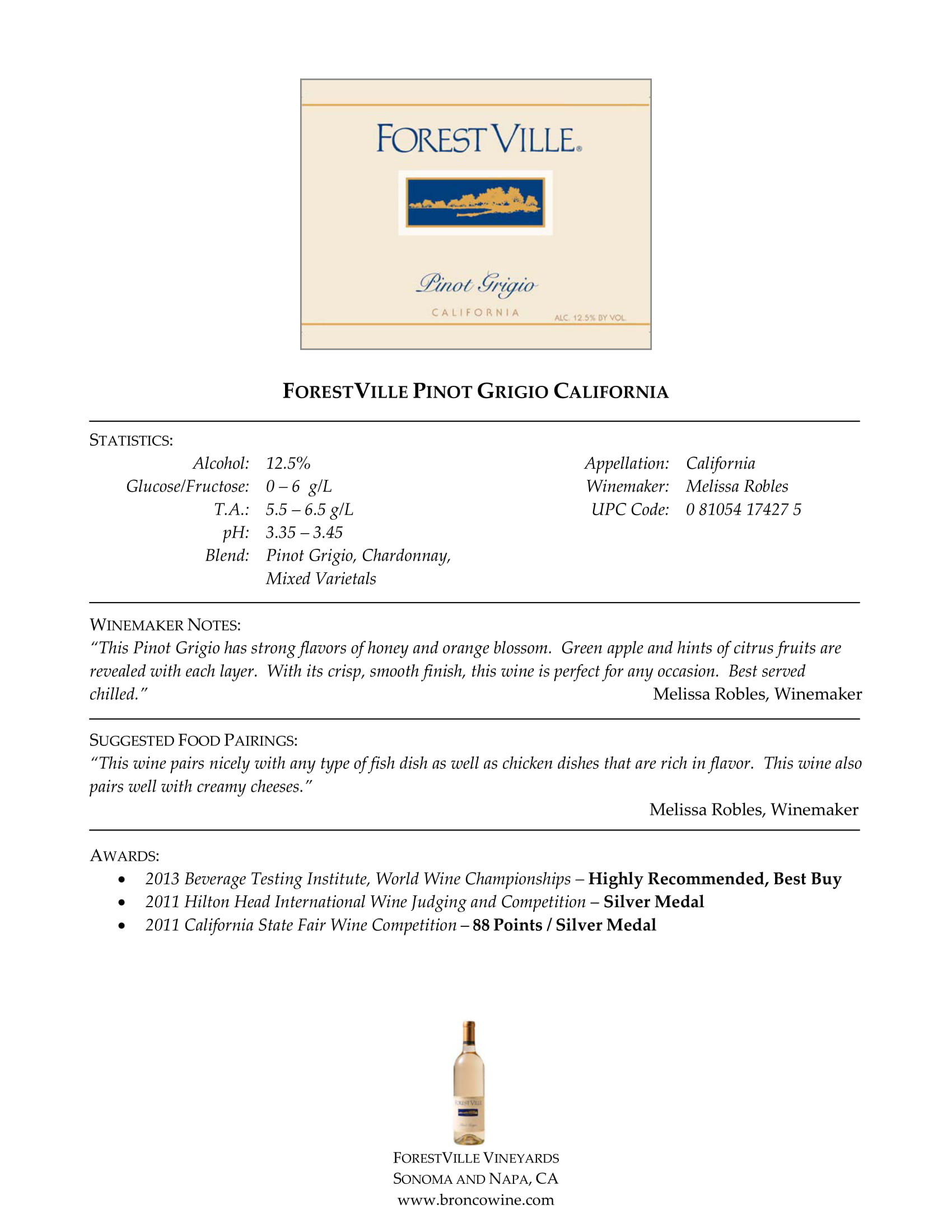 Forest Ville Pinot Grigio tech sheet sample