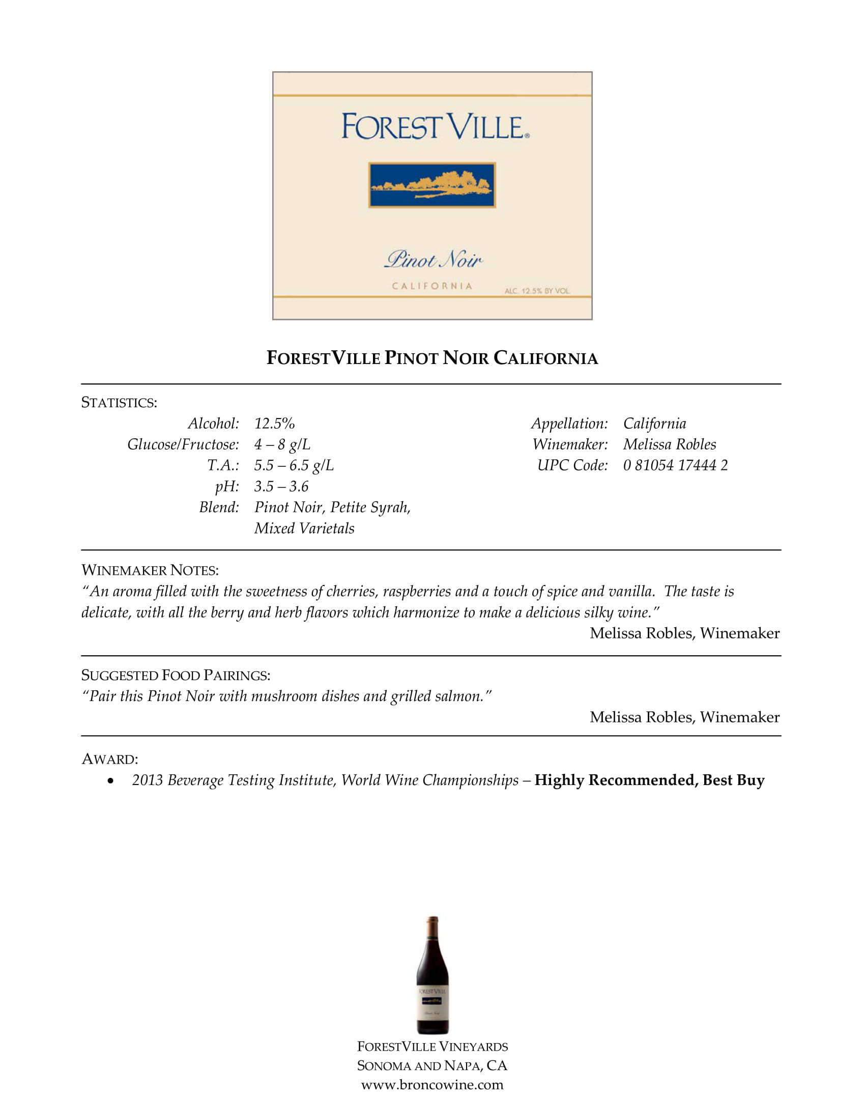 Forest Ville wine brand Pinot Noir tech sheet sample