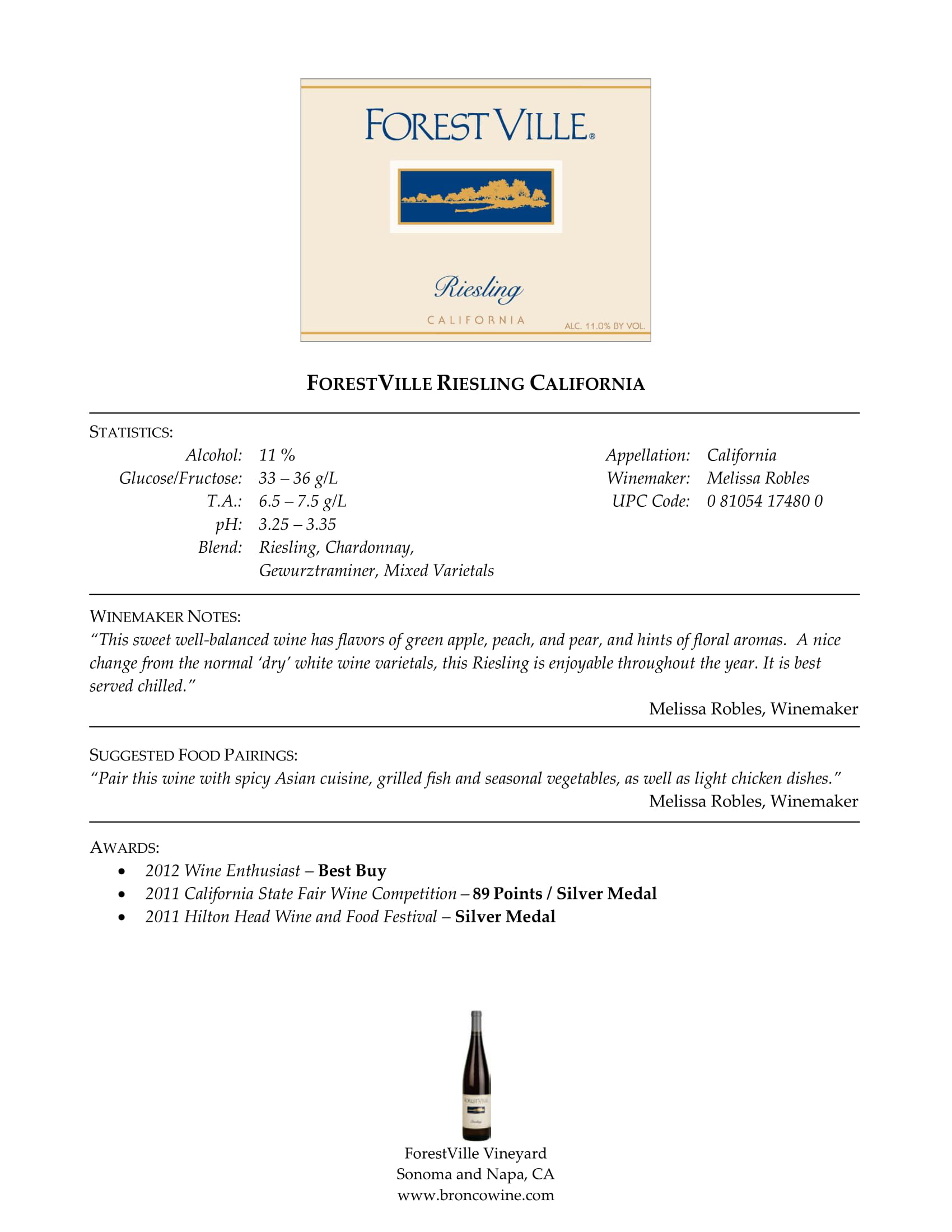 Forest Ville wine brand Riesling tech sheet sample