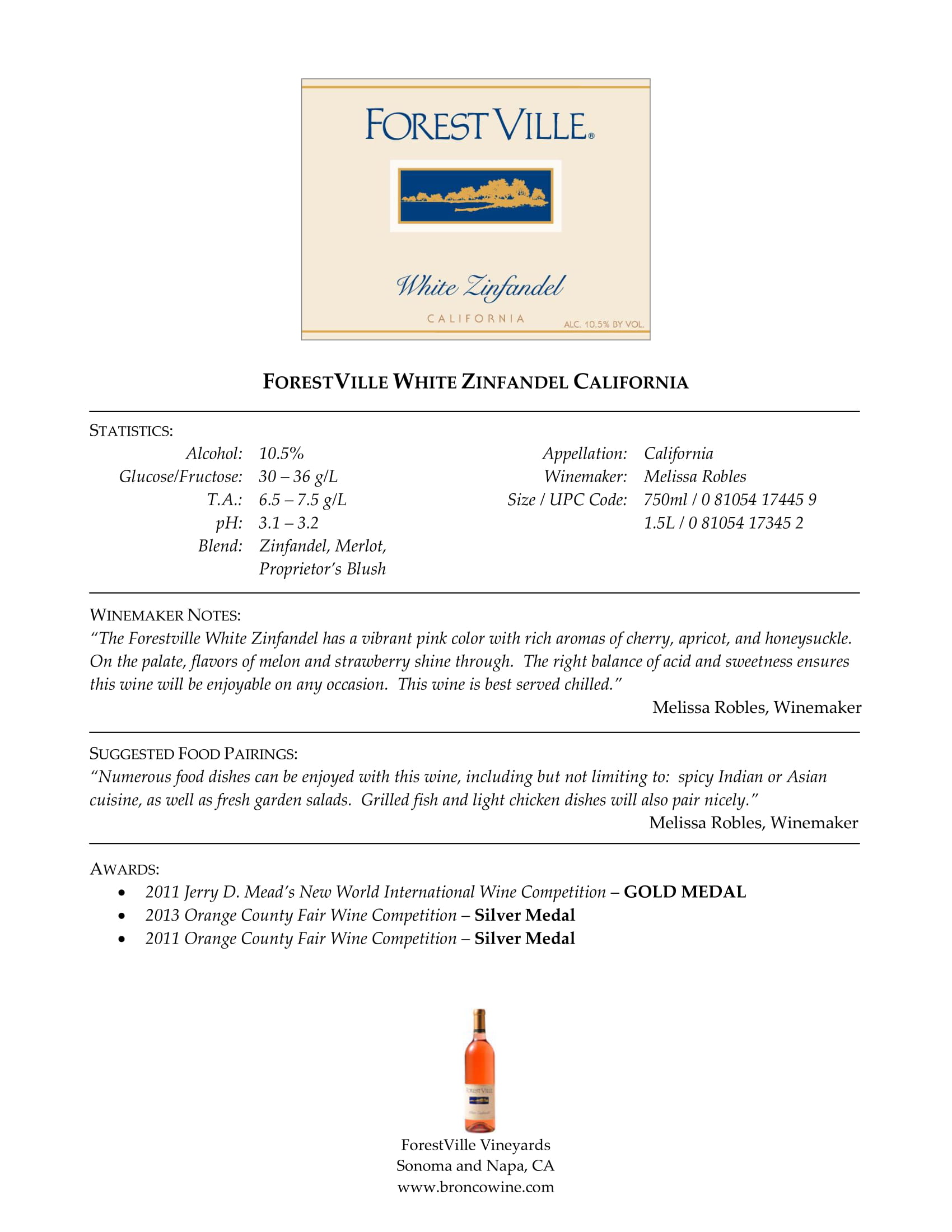 Forest Ville wine brand White Zinfandel tech sheet sample