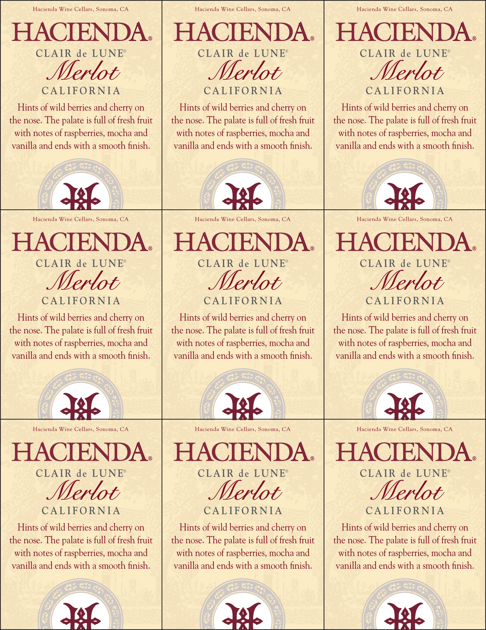 Hacienda Merlot shelf talker sample