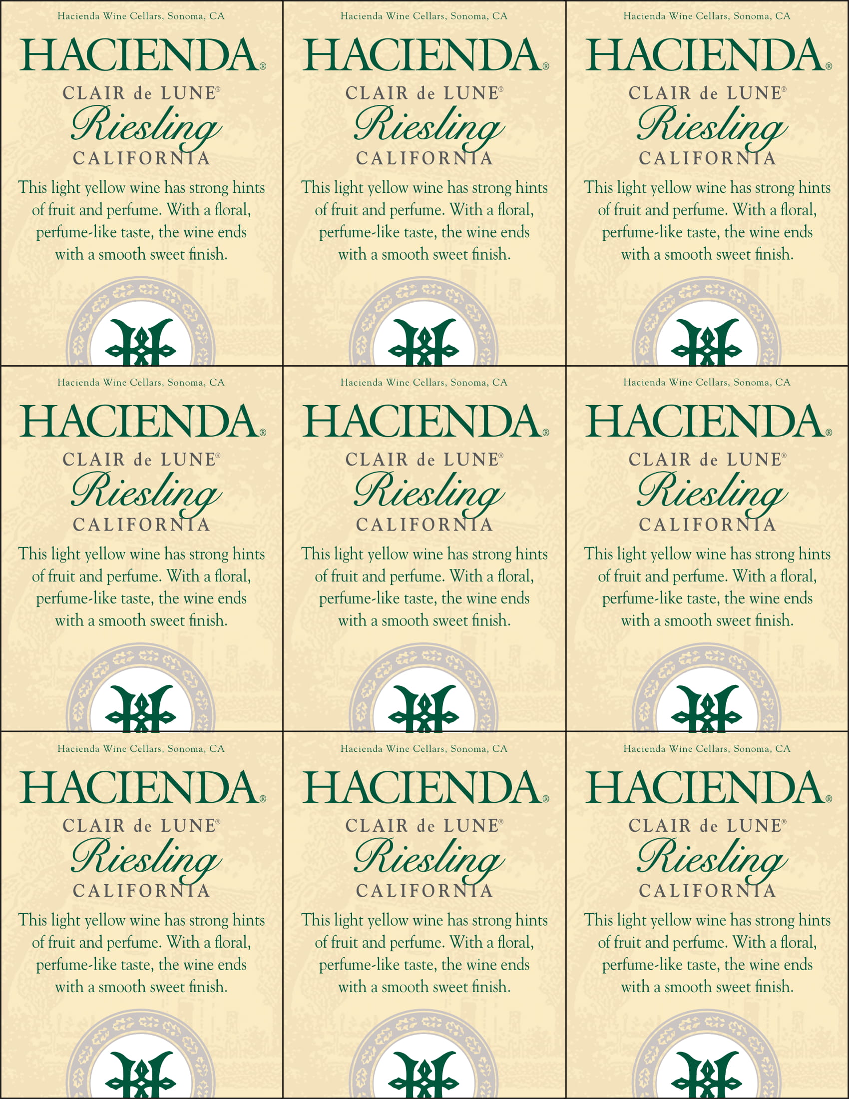Hacienda Riesling shelf talker sample