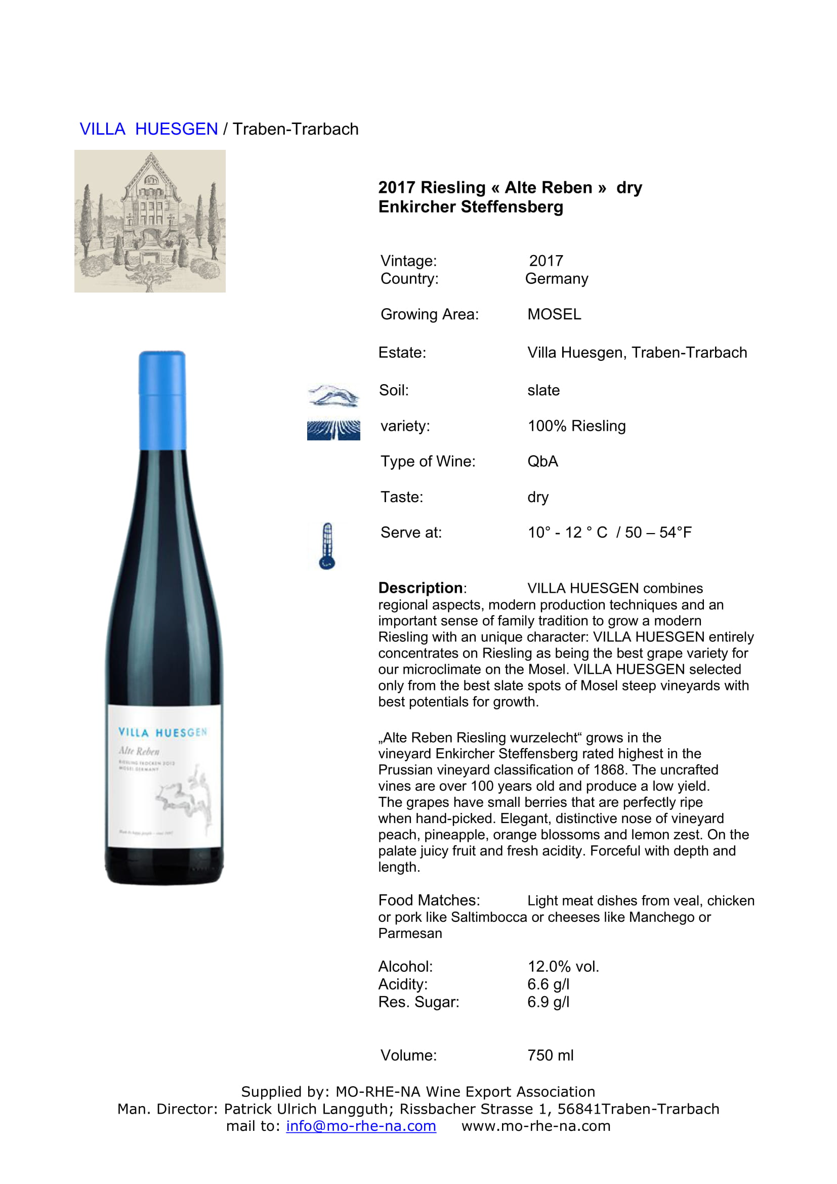 Villa Huesgen Alte Reben Riesling wine tech sheet sample