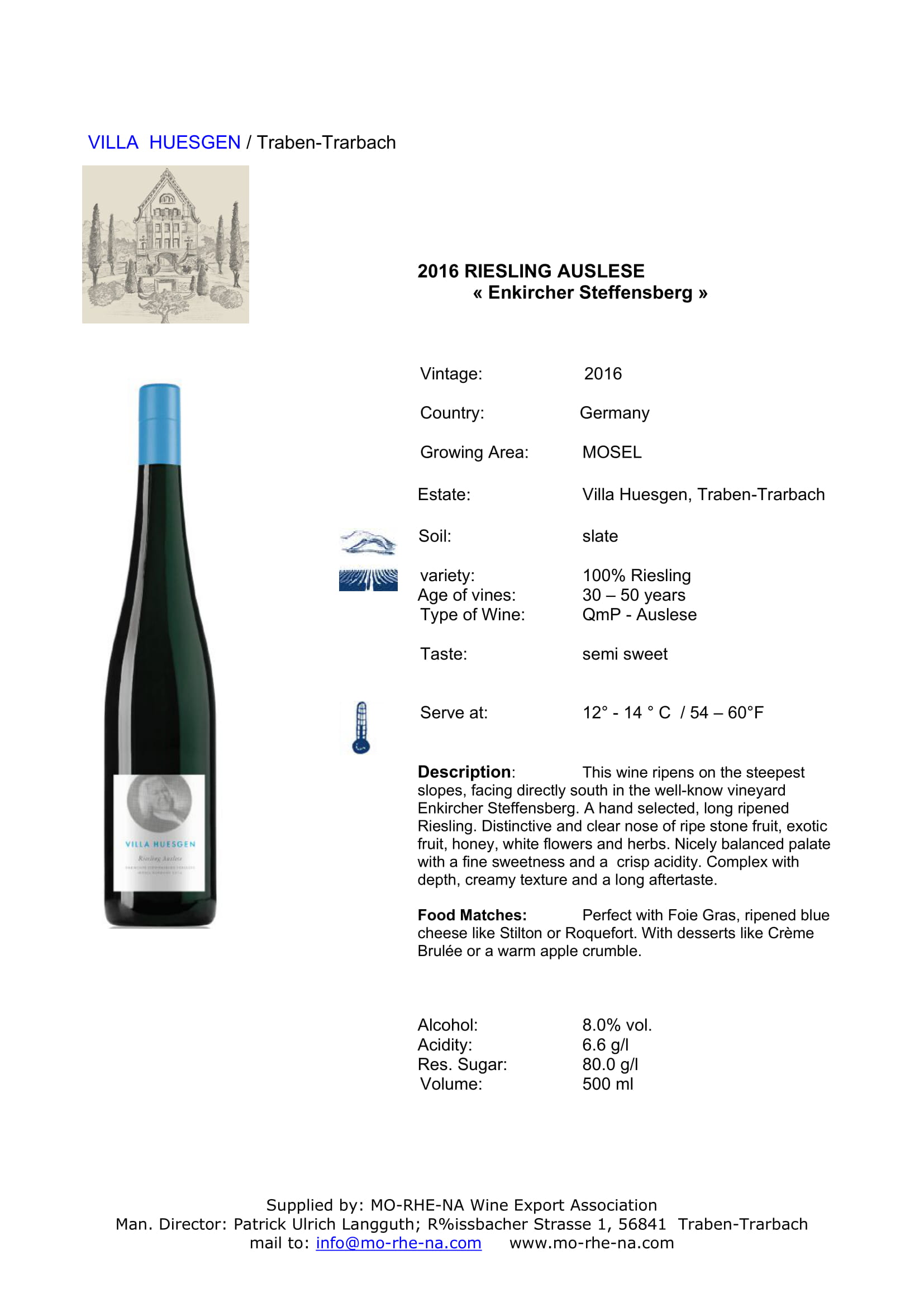 Villa Huesgen Auslese Riesling wine bottle and front label