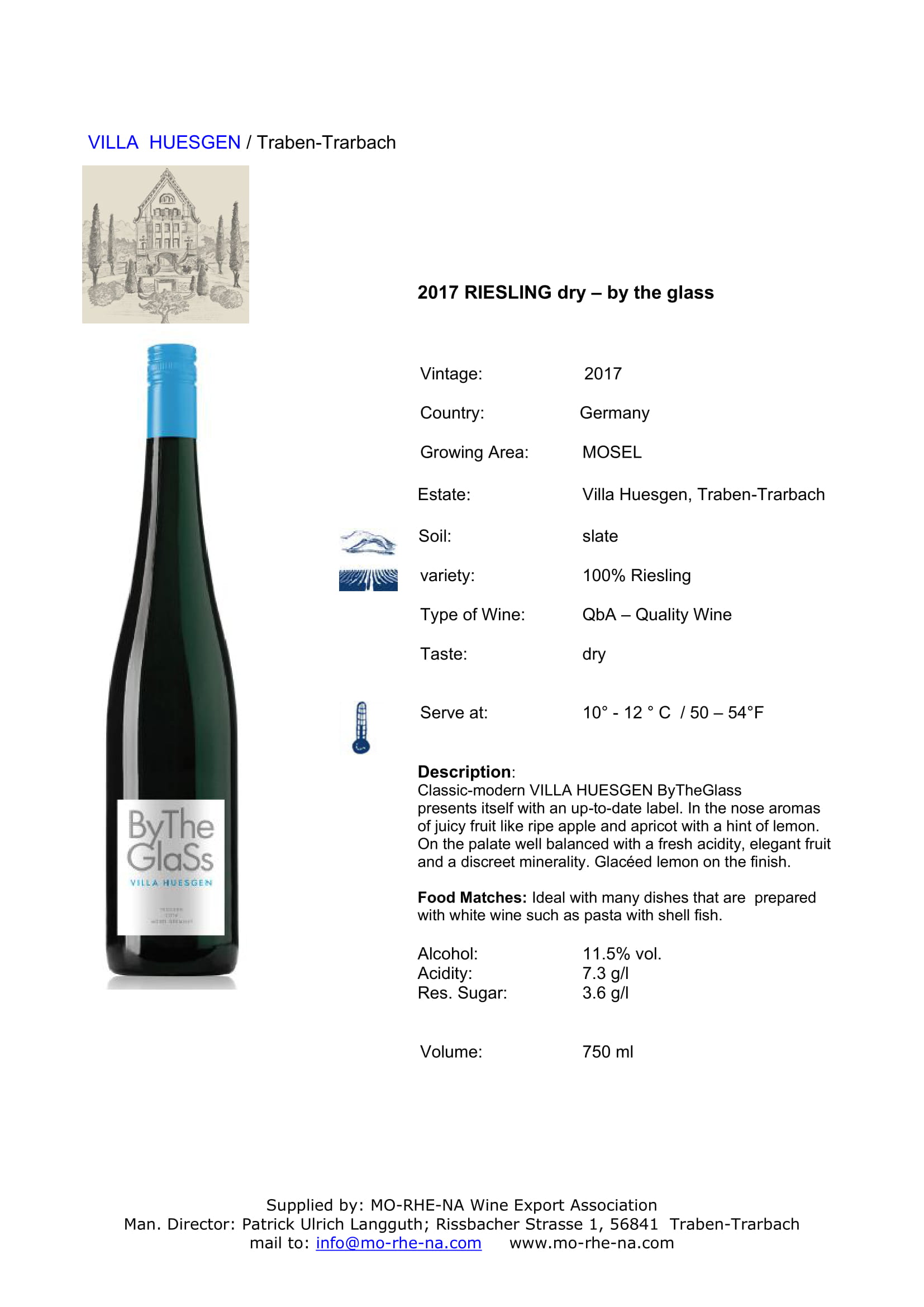 Villa Huesgen By the Glass Riesling tech sheet sample