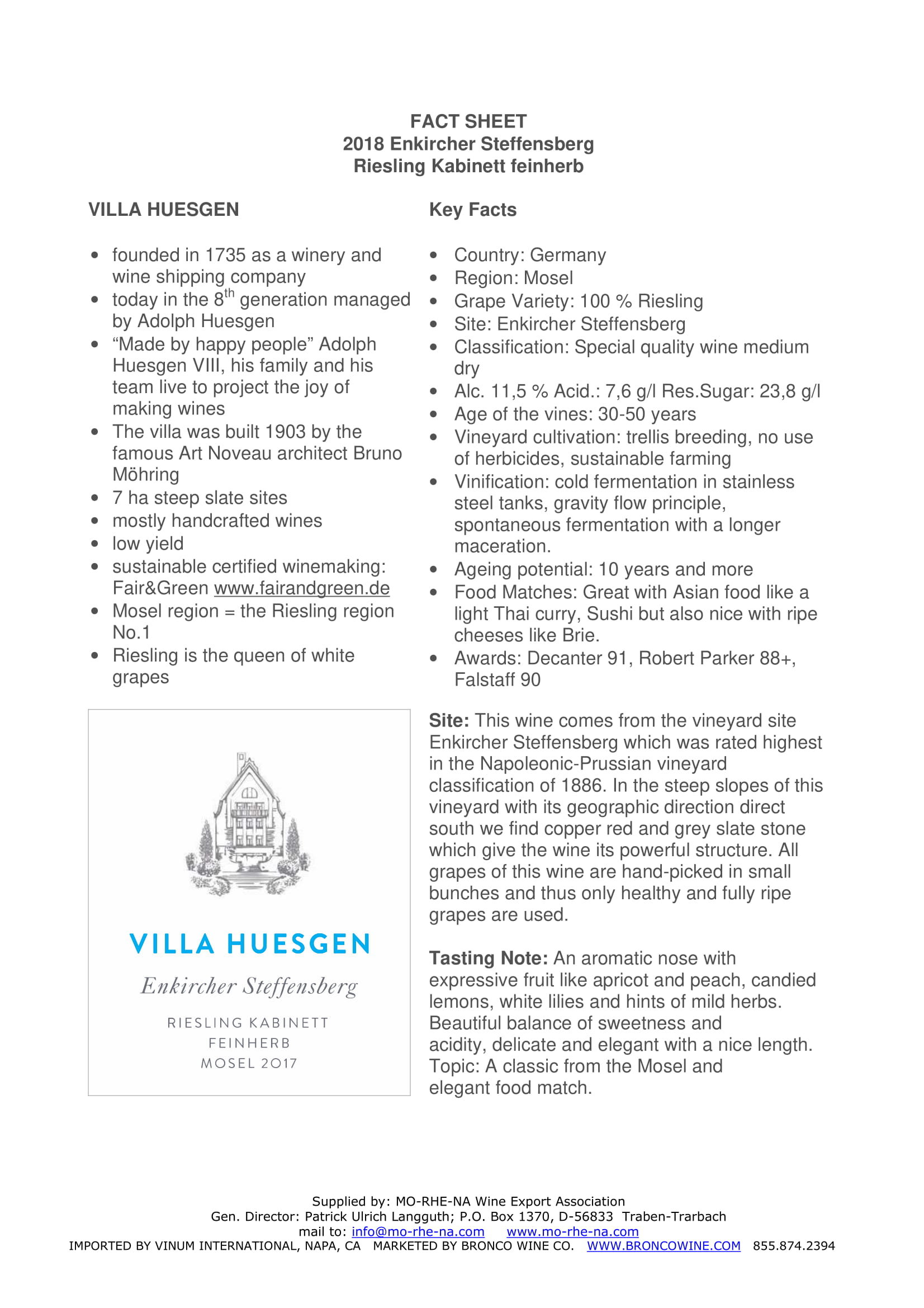 Villa Huesgen Kabinett Riesling wine tech sheet sample