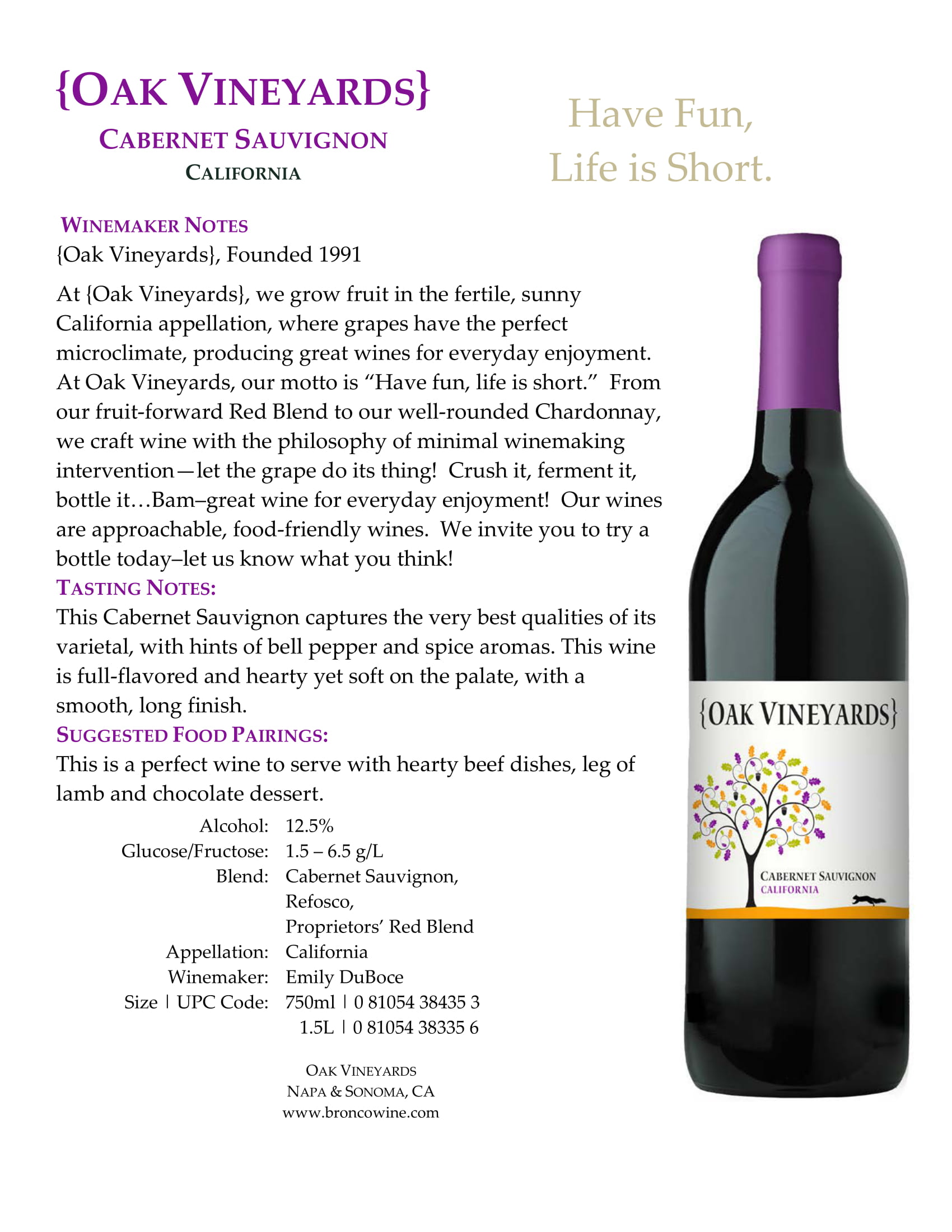 Oak Vineyards Cabernet Sauvignon wine tech sheet sample