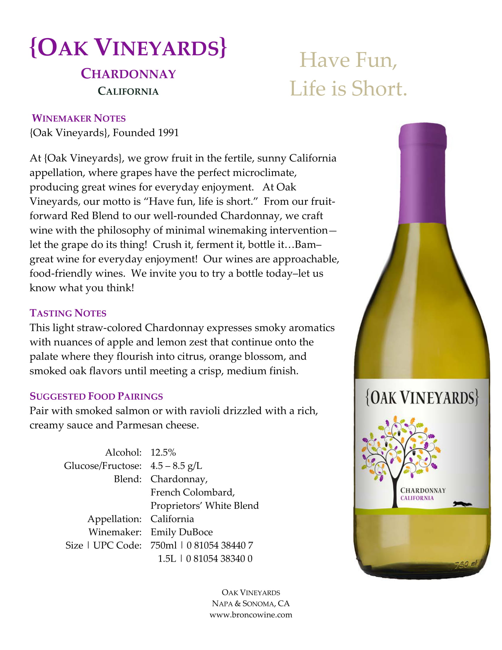 Oak Vineyards Chardonnay wine tech sheet sample