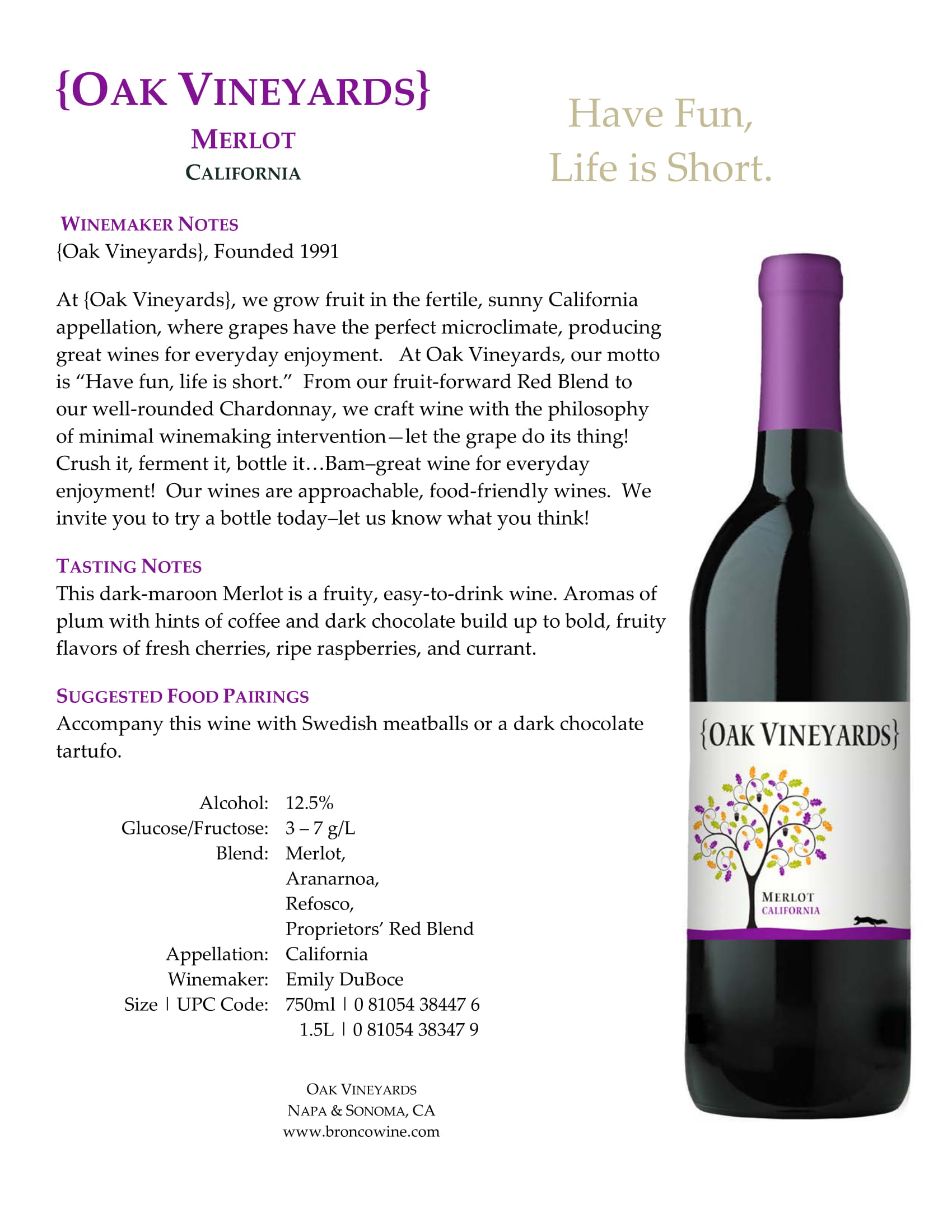 Oak Vineyards Merlot wine tech sheet sample