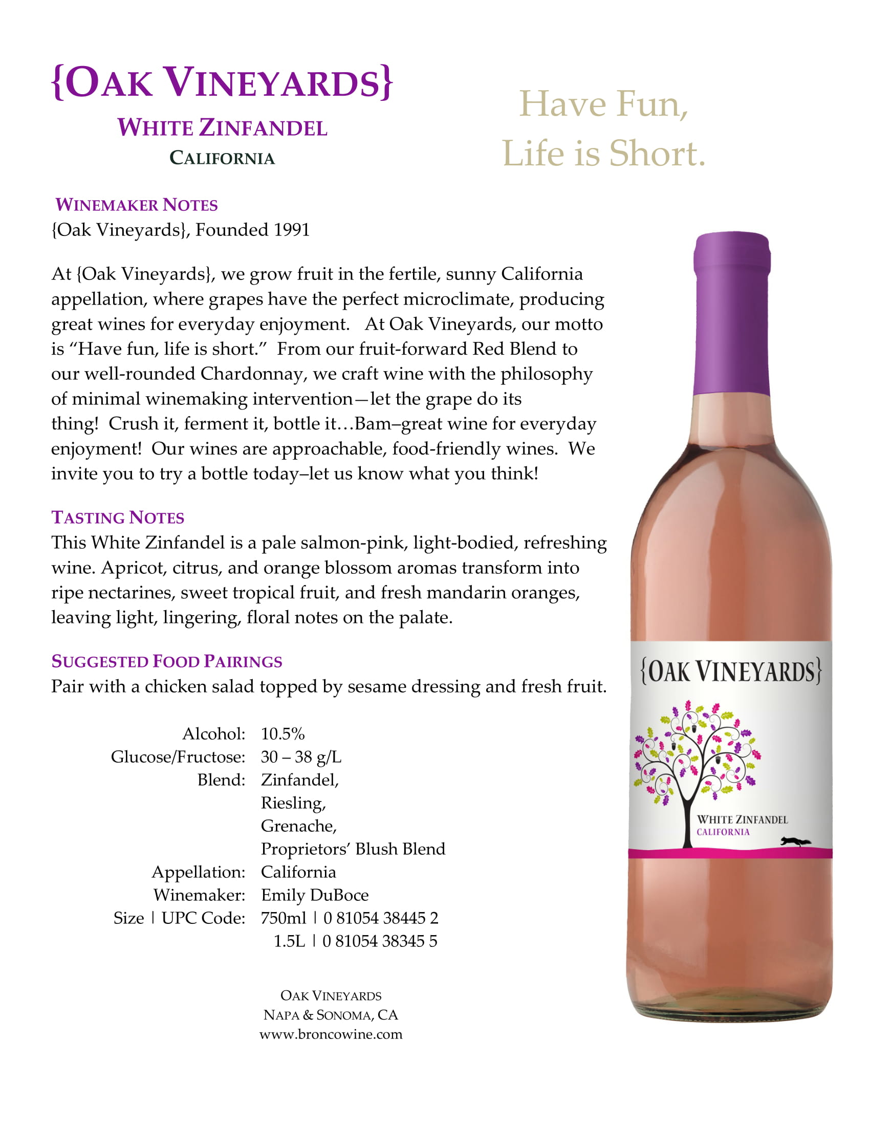 Oak Vineyards White Zinfandel wine tech sheet sample