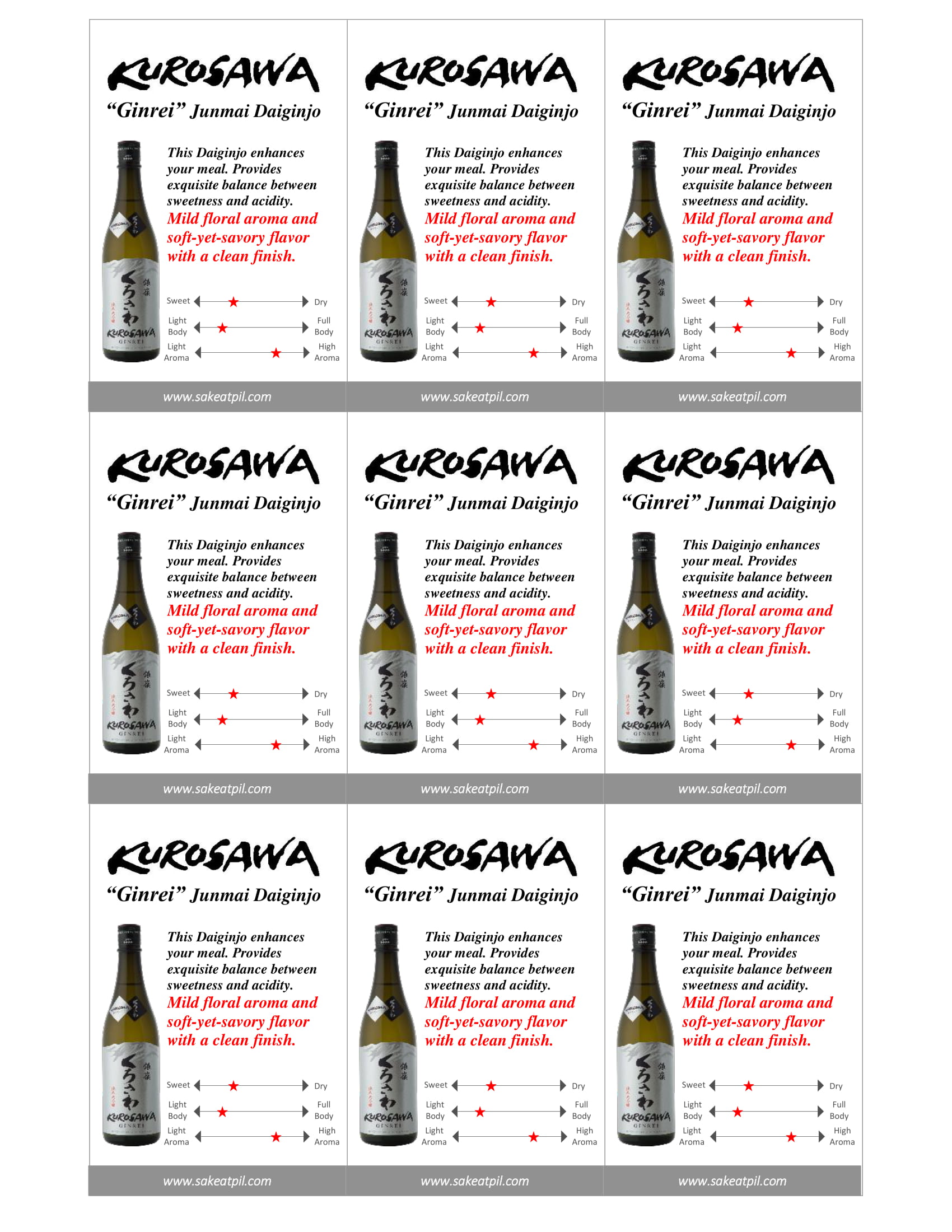 Kurosawa Sake Junmai Ginrei shelf talker sample