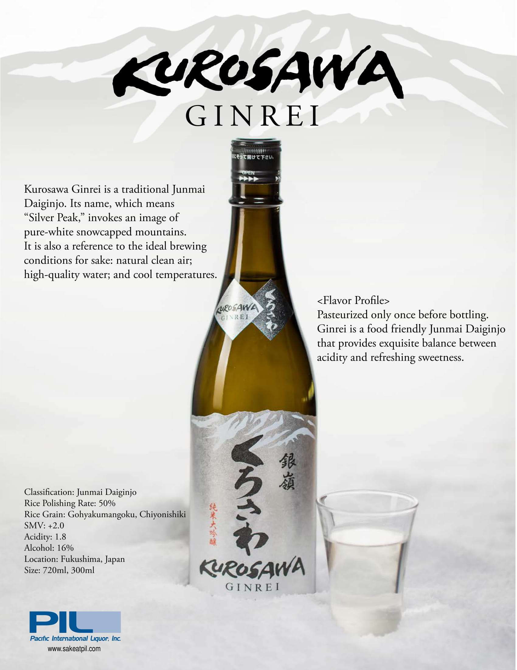 Kurosawa Sake Junmai Ginrei tech sheet sample