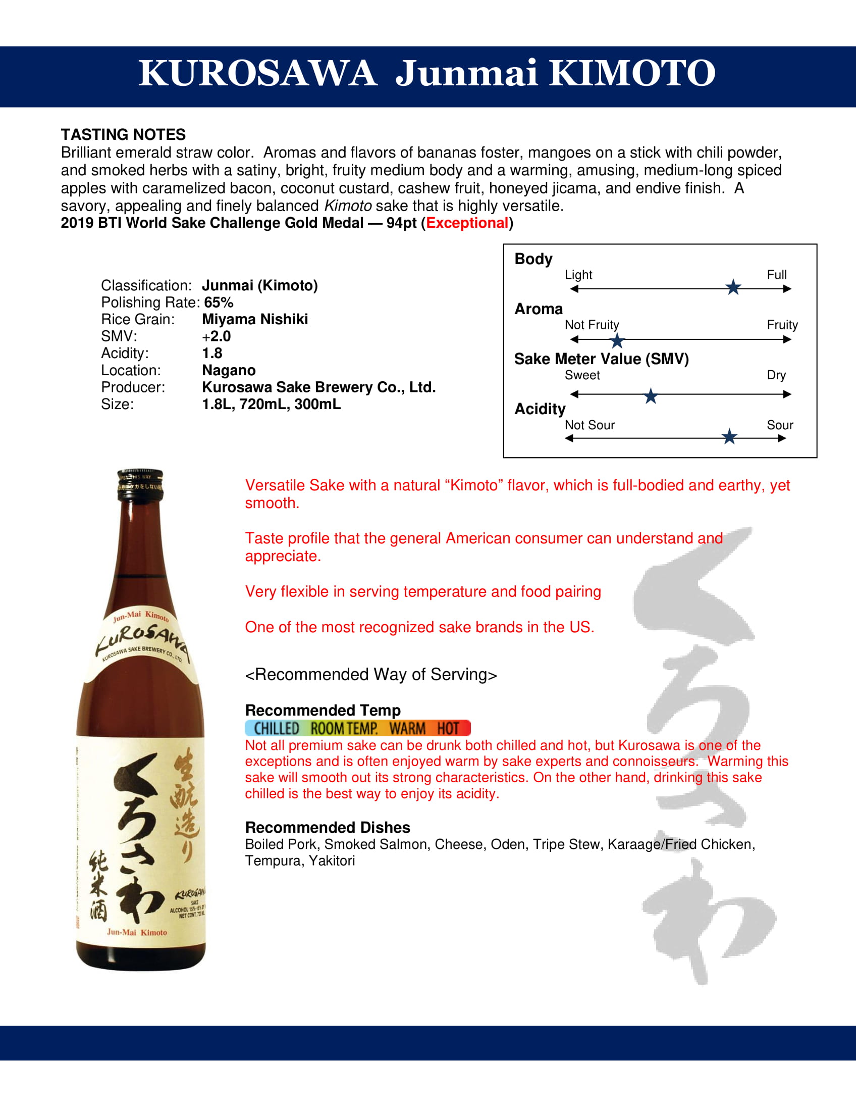 Kurosawa Sake Junmai Kimoto tech sheet sample