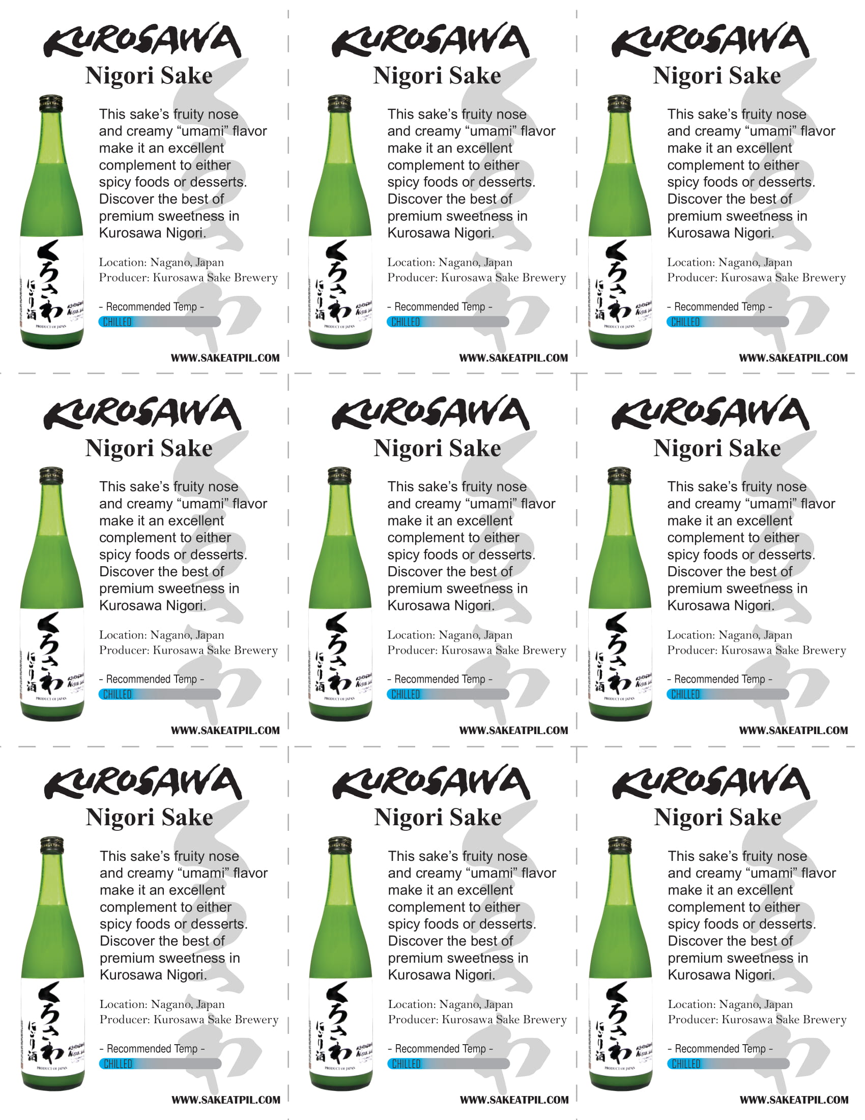 Kurosawa Sake Nigori shelf talker sample