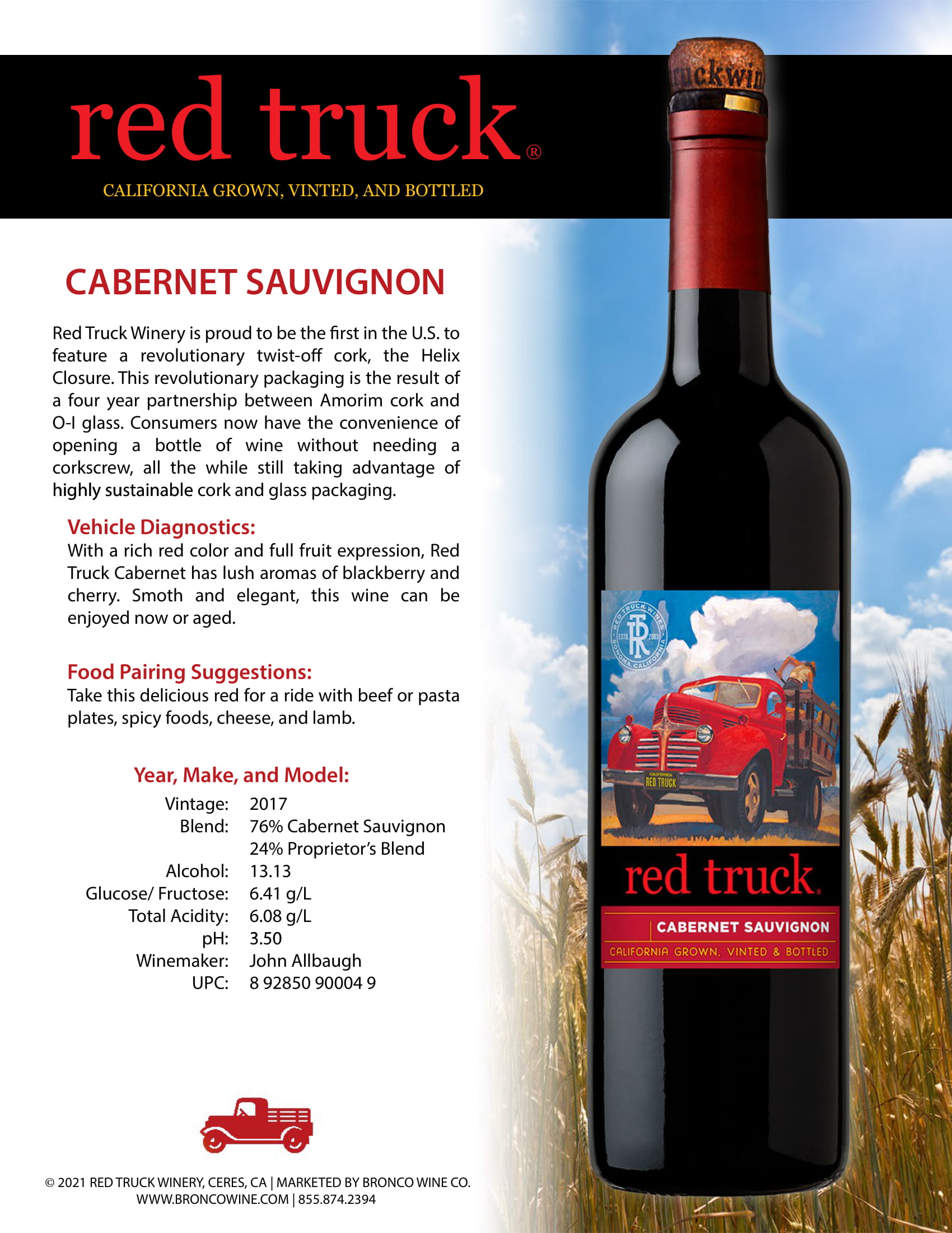 Red Truck Cabernet Sauvignon wine tech sheet sample