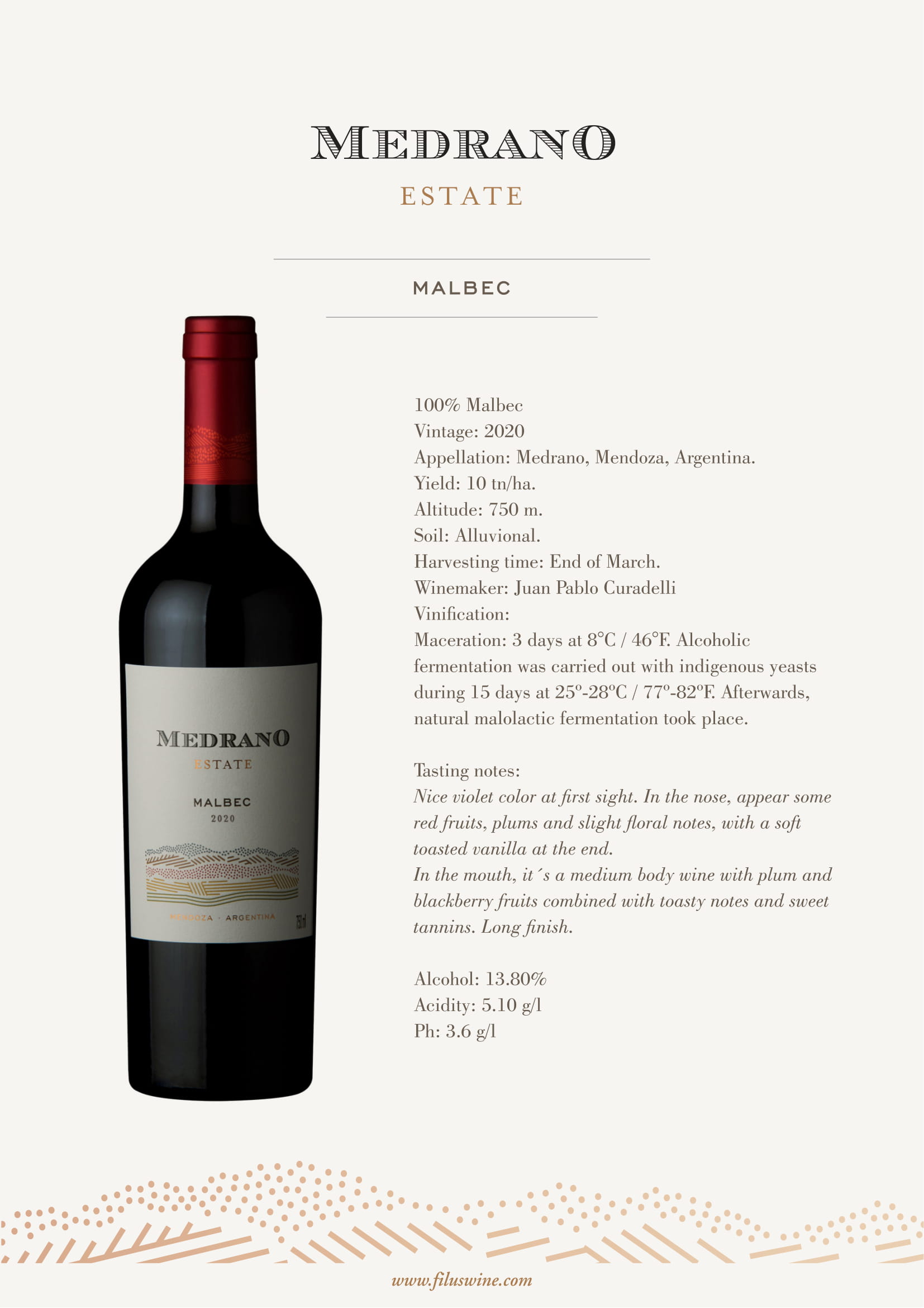 Medrano Estate Malbec wine tech sheet sample