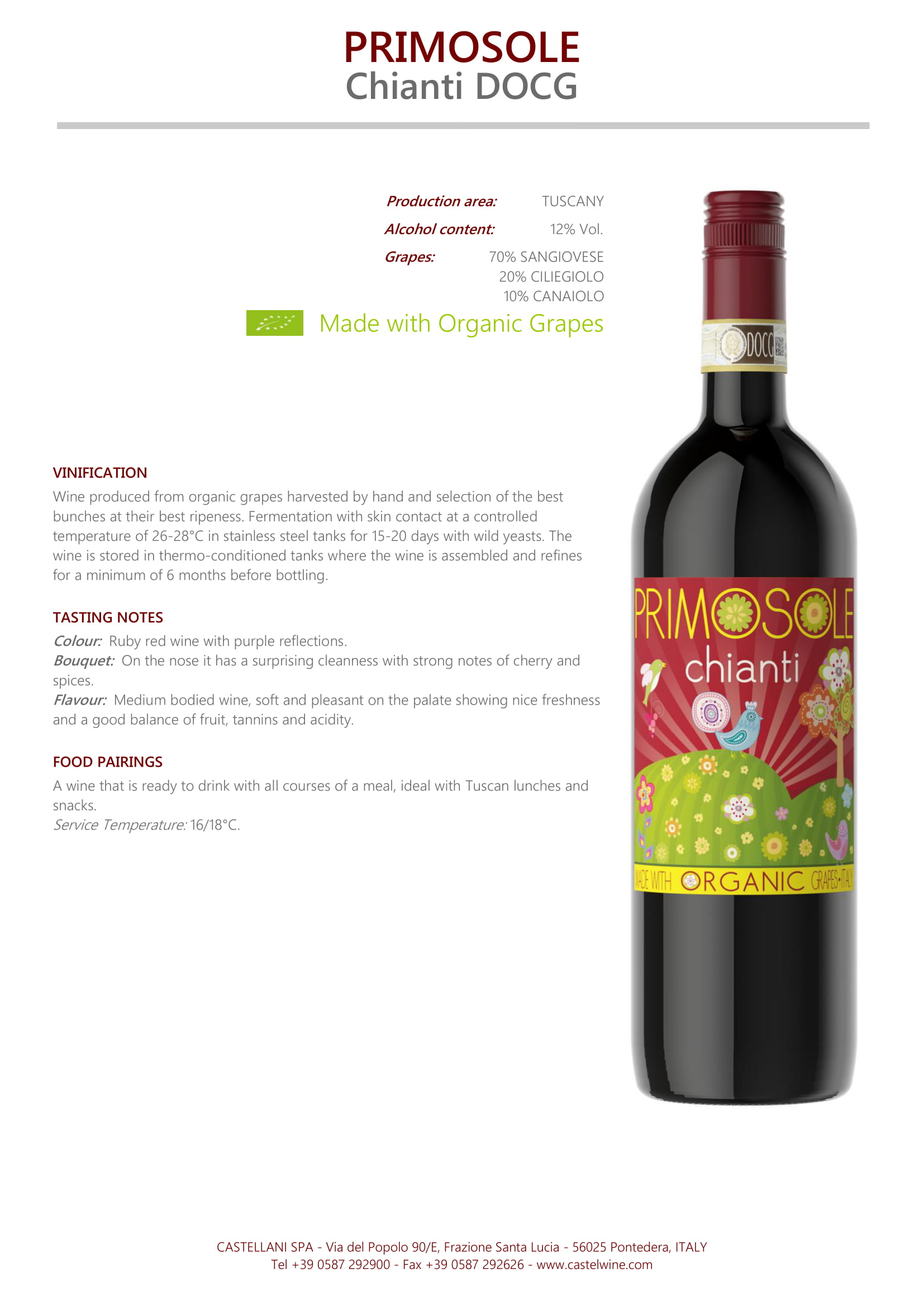 Primosole Chianti wine tech sheet sample
