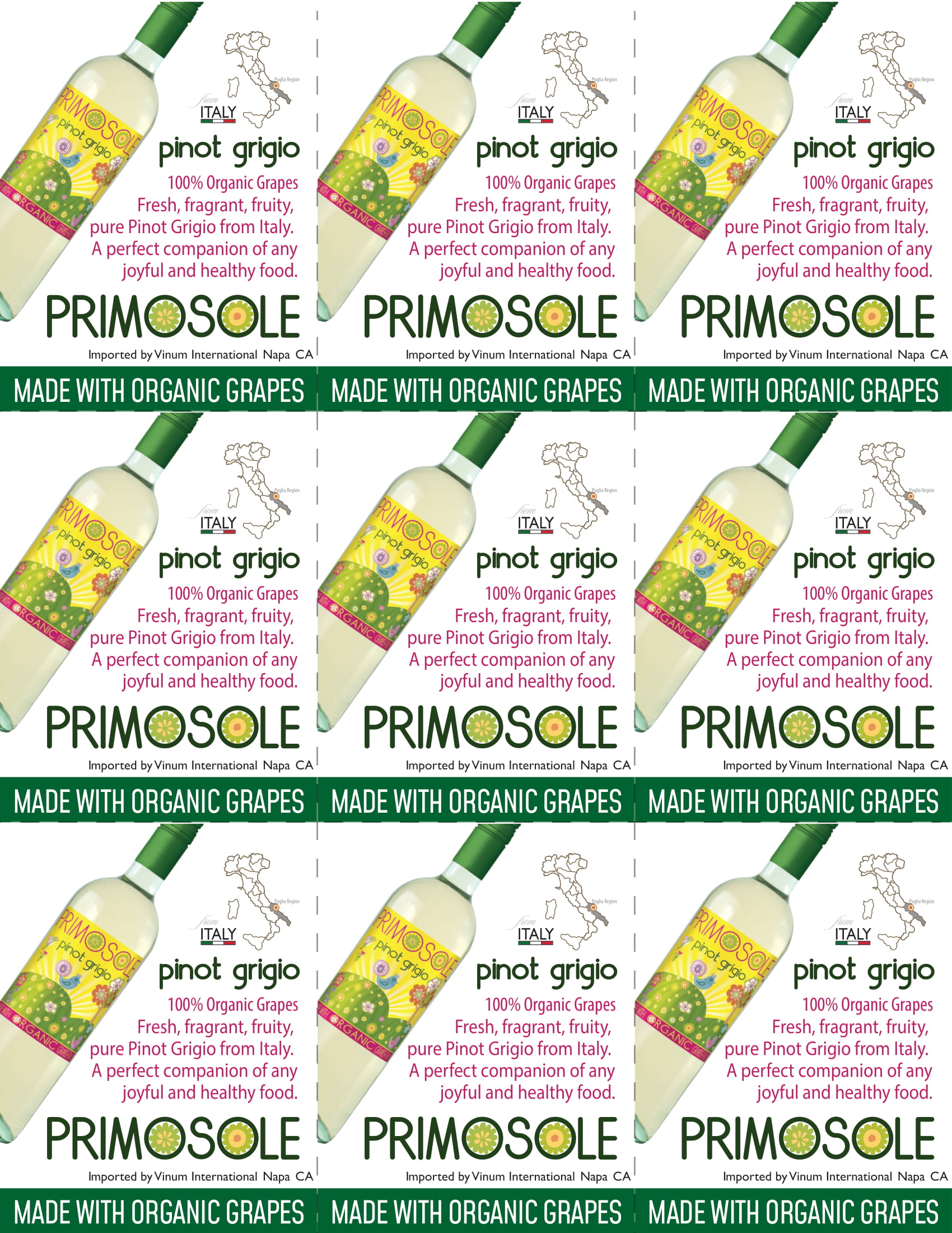 Primosole Pinot Grigio wine shelf talker sample
