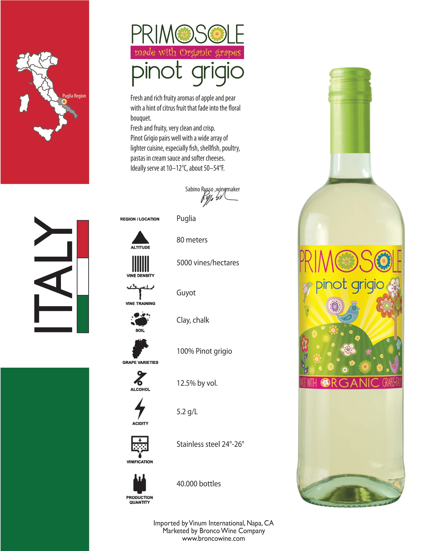 Primosole Pinot Grigio wine tech sheet sample