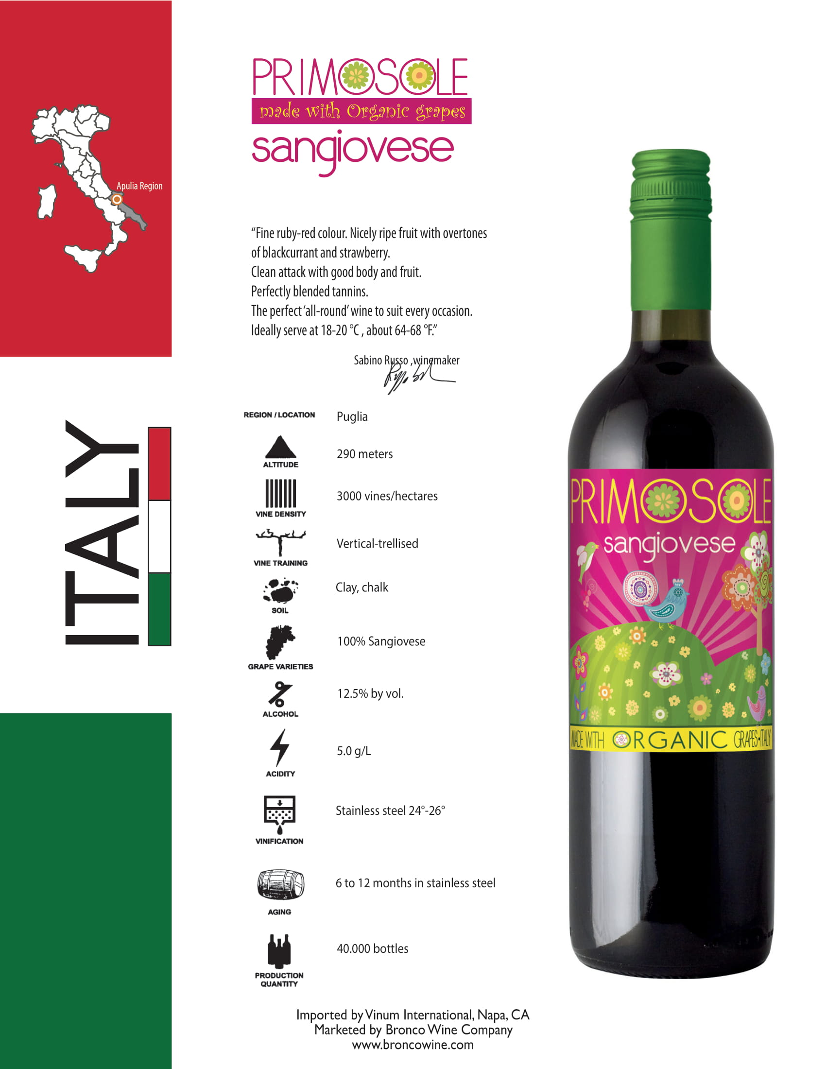 Primosole Sangiovese wine tech sheet sample